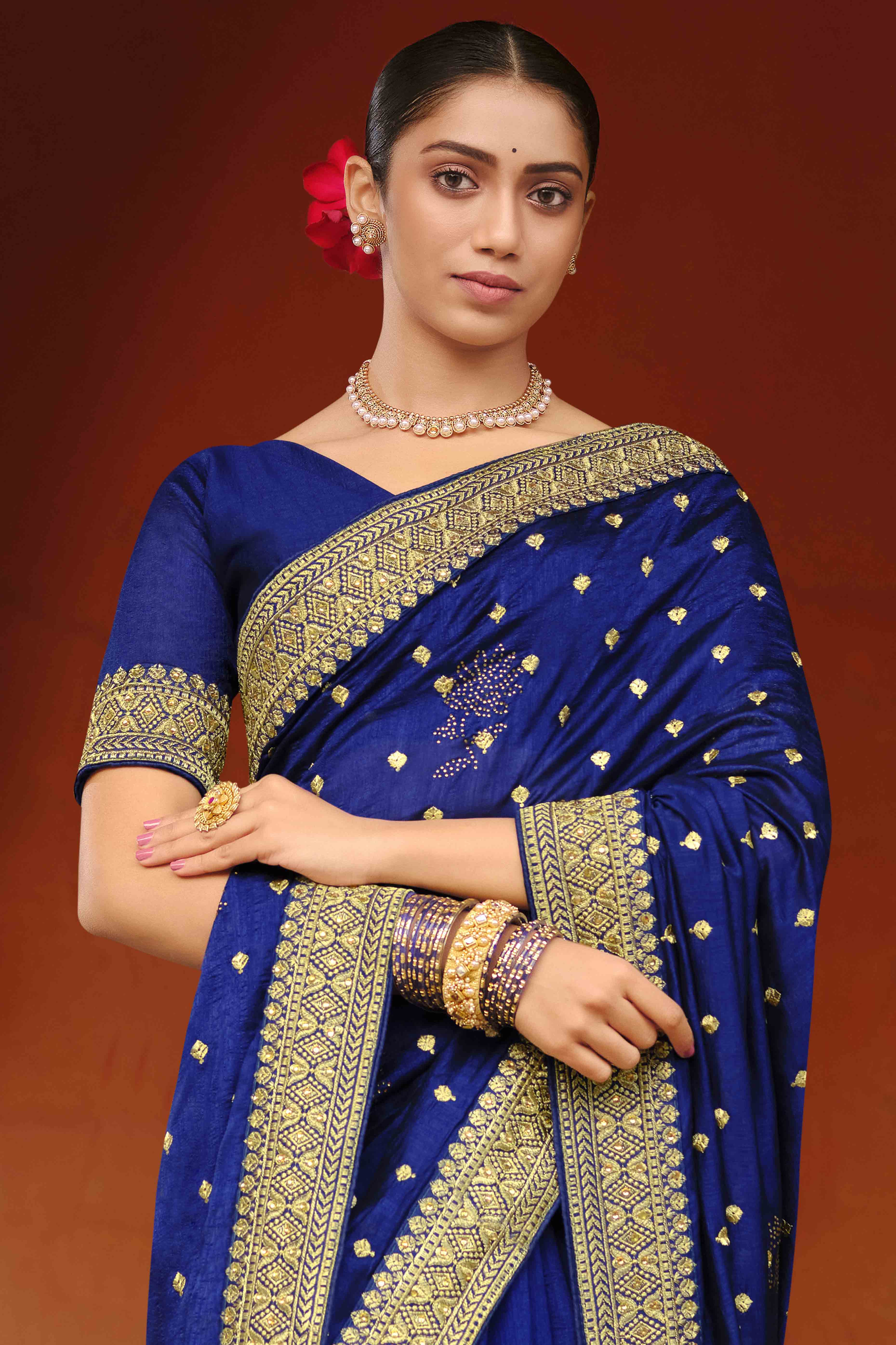 Navy Blue Swarovski Work Embroidered Vichitra Silk Saree - Image 3