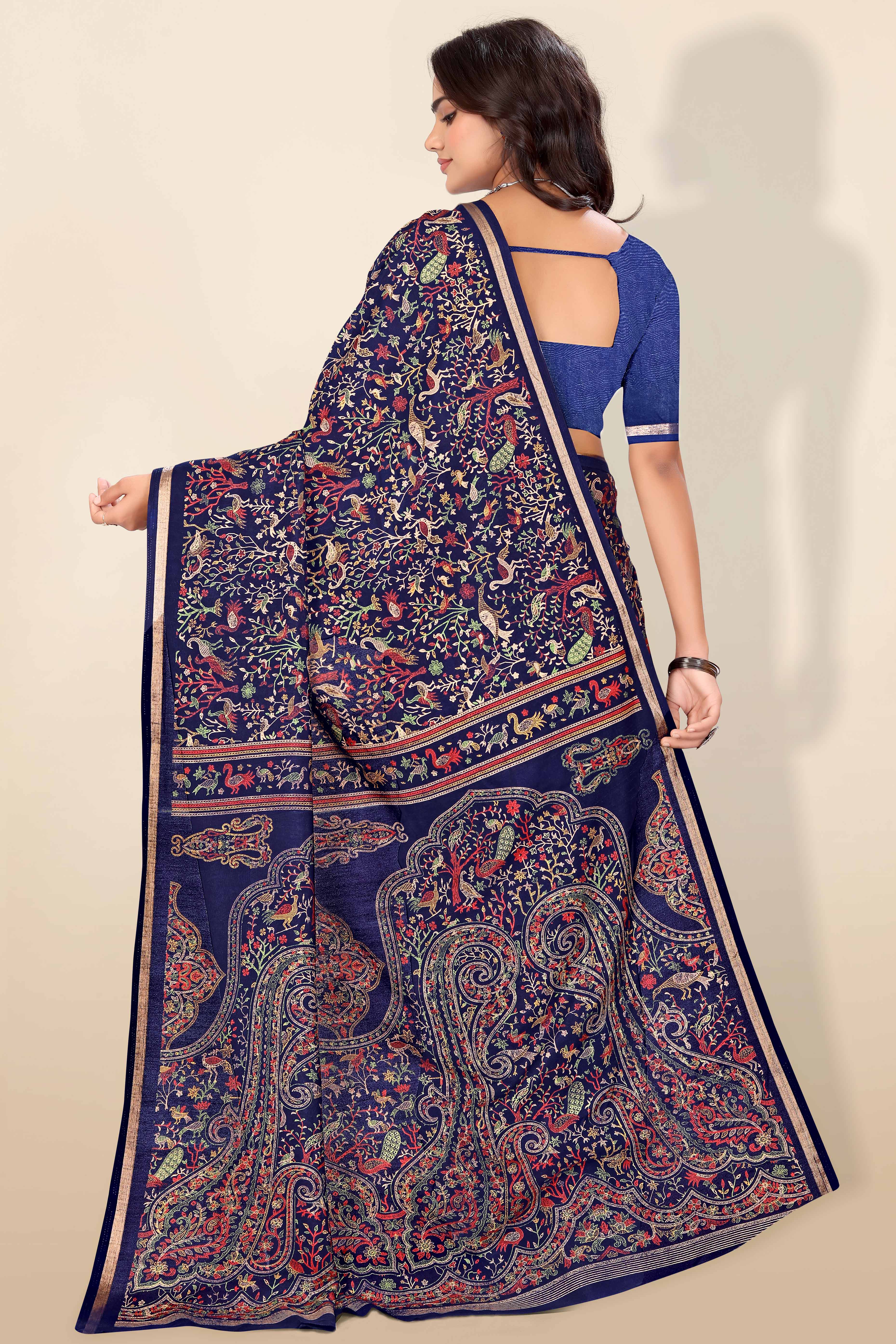Navy Blue Tussar Silk Blend Saree with Intricate Floral & Bird Kashmiri Print & Elegant Zari Border - Image 8