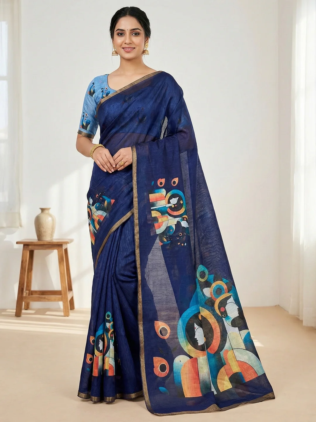 Navy Blue Tussar Silk Saree with Contemporary Abstract Digital Art Pattern