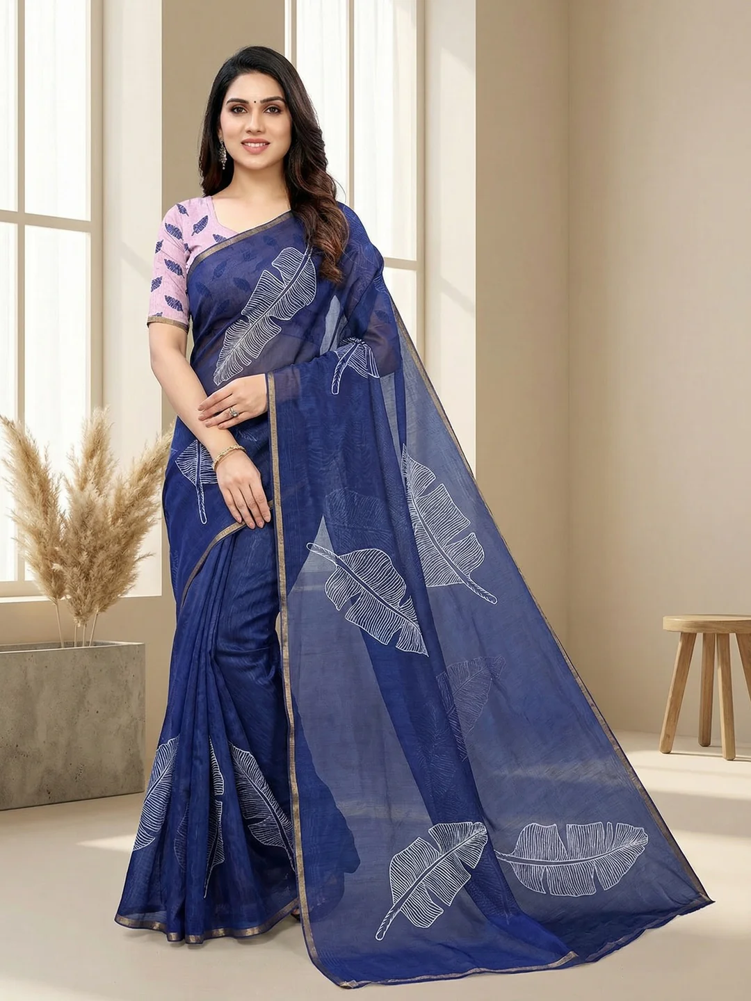 Navy Blue Tussar Silk Saree with Leaf Print and Matching Blouse