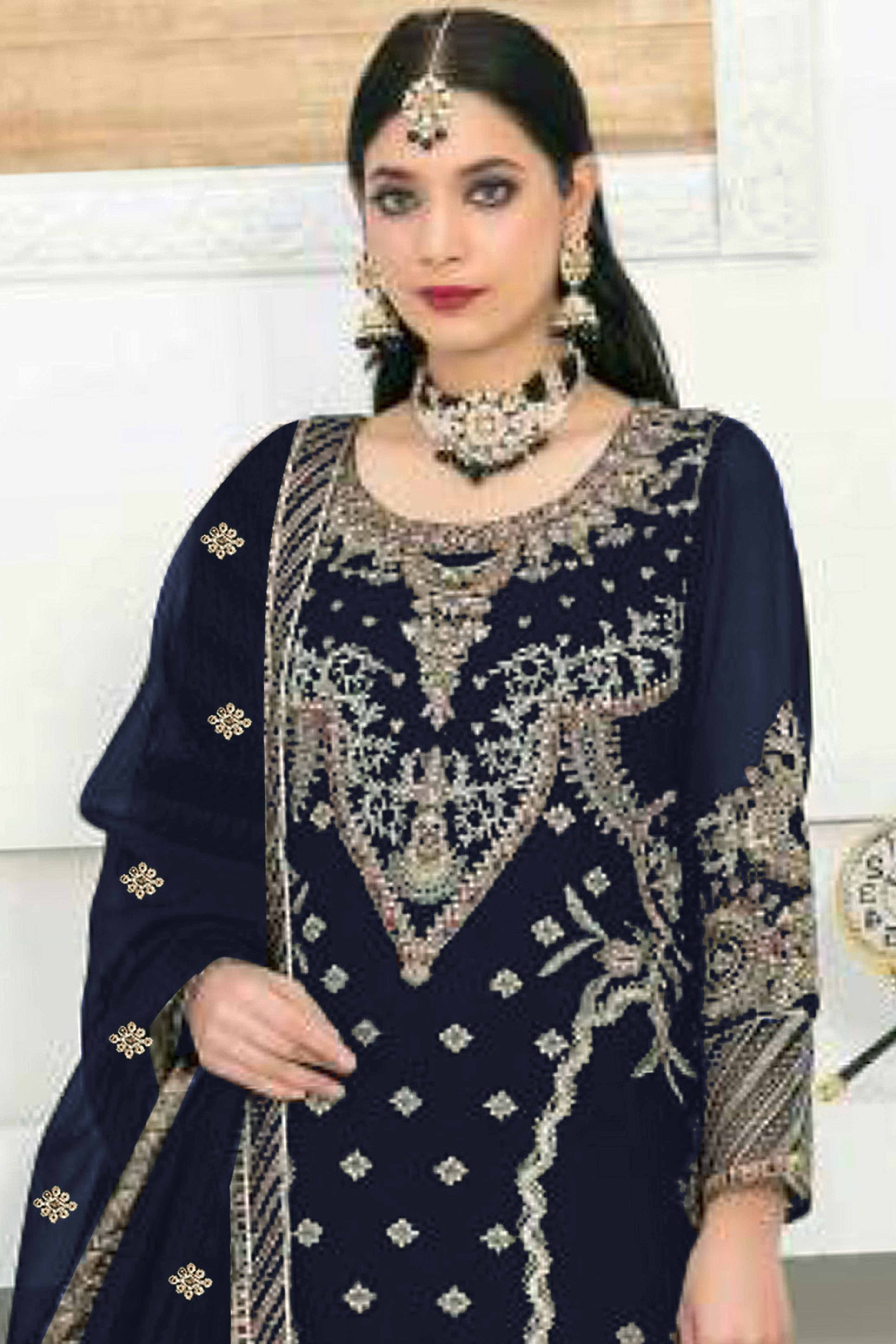Navy Blue Velvet Dress Material Adorned with Sequins & Thread Embroidery - Image 4