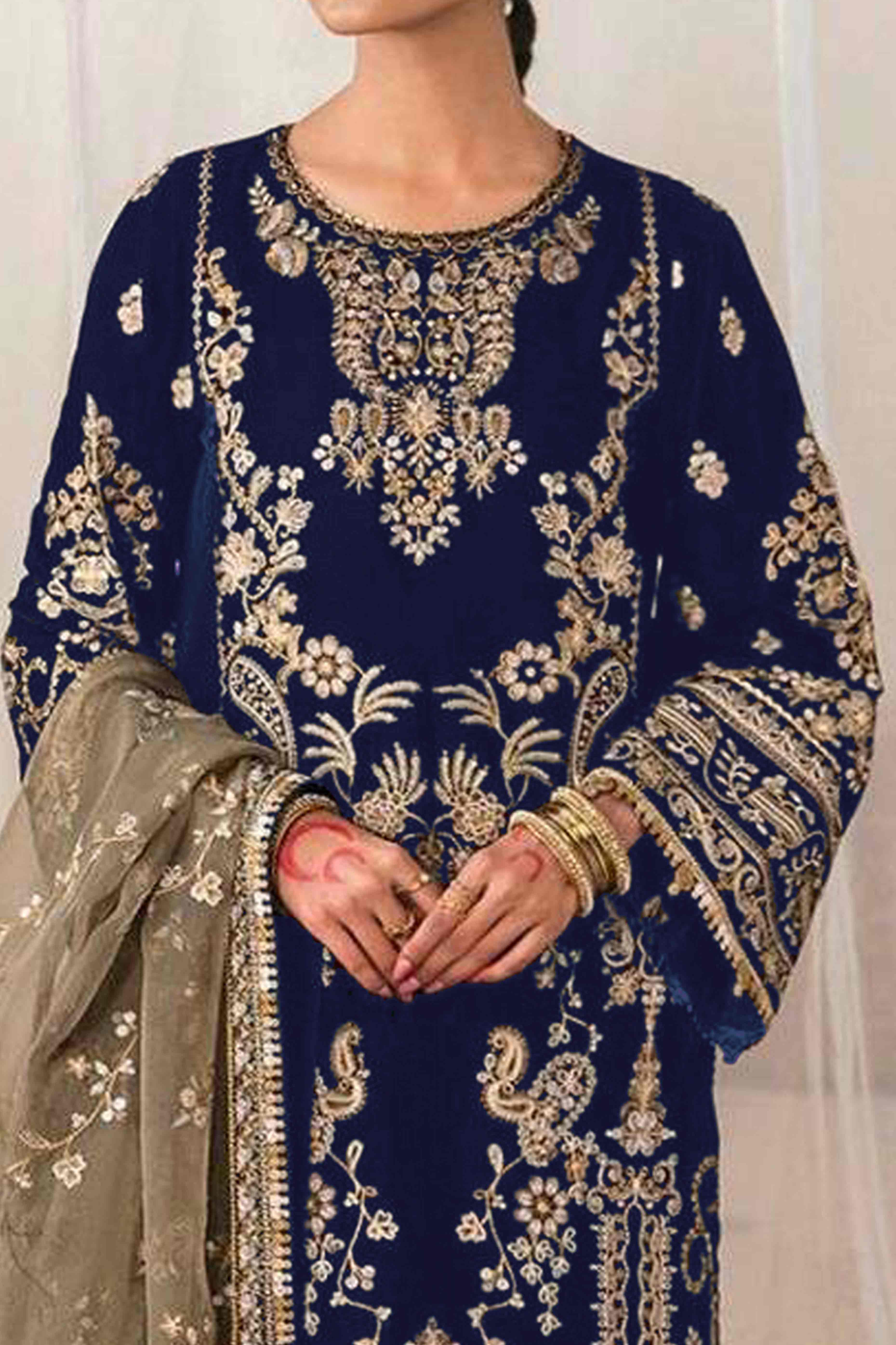 Navy Blue Velvet Dress Material Adorned with Sequins & Thread Embroidery - Image 2