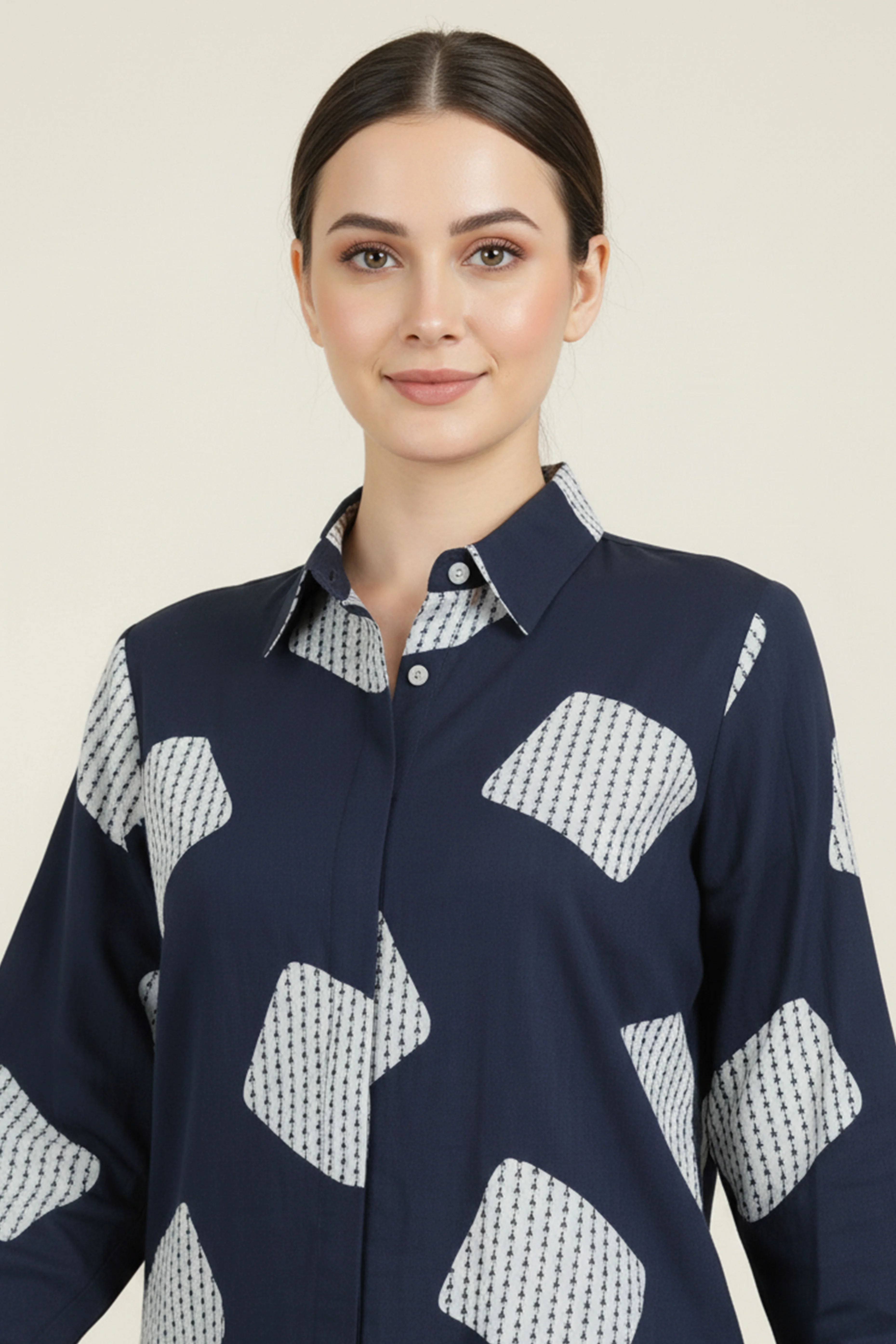Navy Blue & White Geometric Printed Rayon Shirt Top With Collared Neckline - Image 2