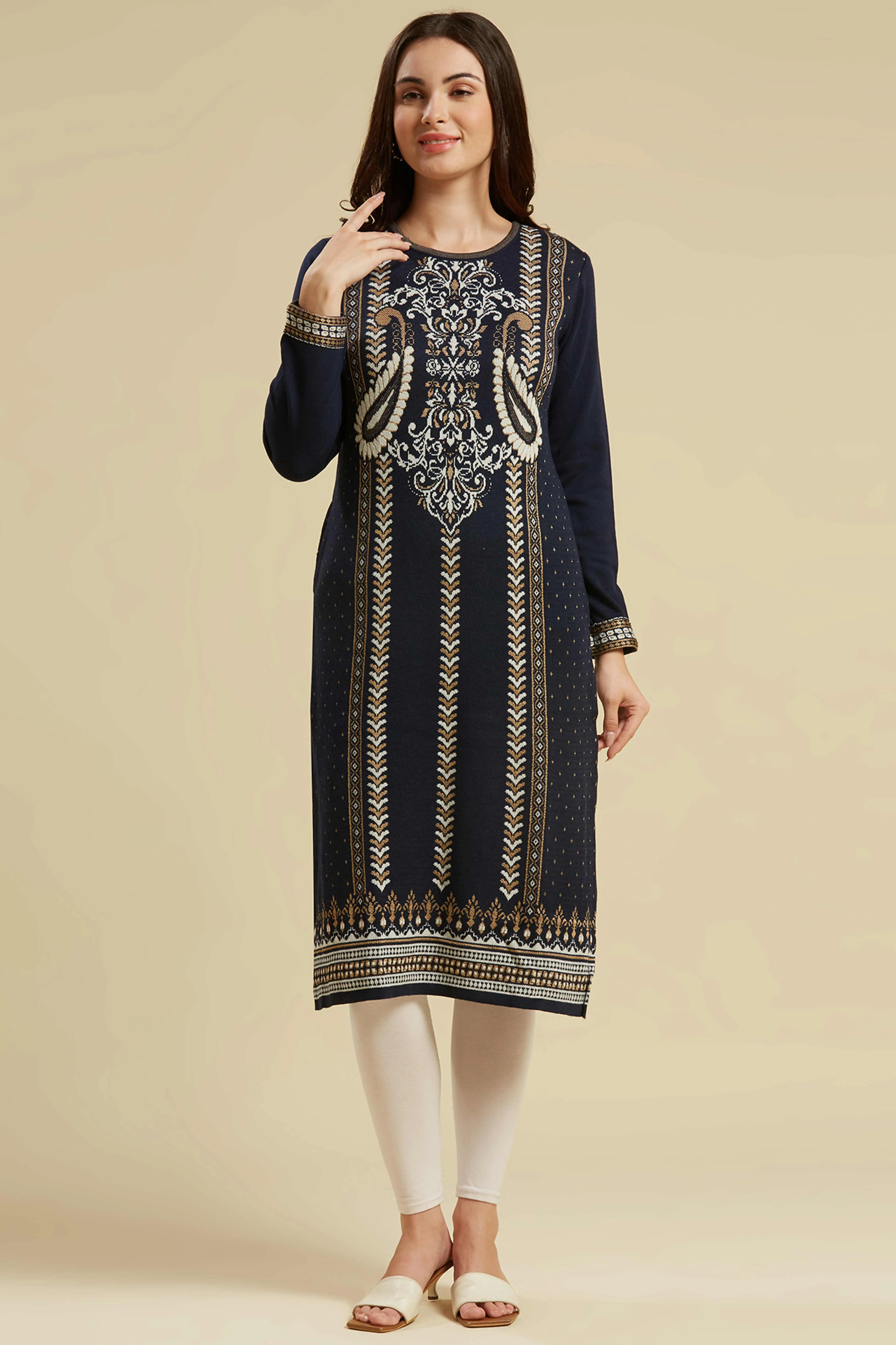 Navy Blue Woolen Straight Kurti - Image 6