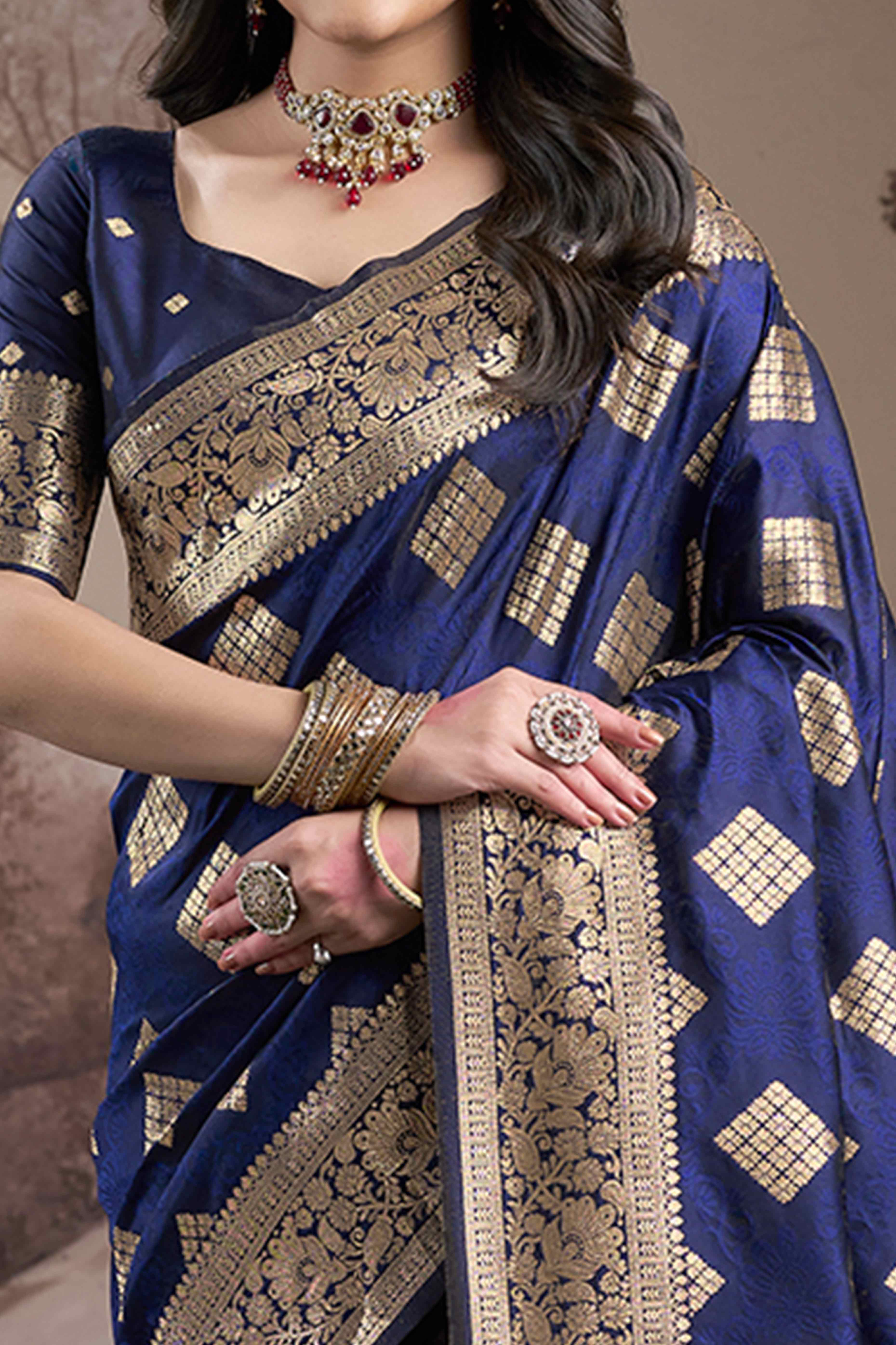 Navy Blue Woven Jacquard Silk Saree - Image 2