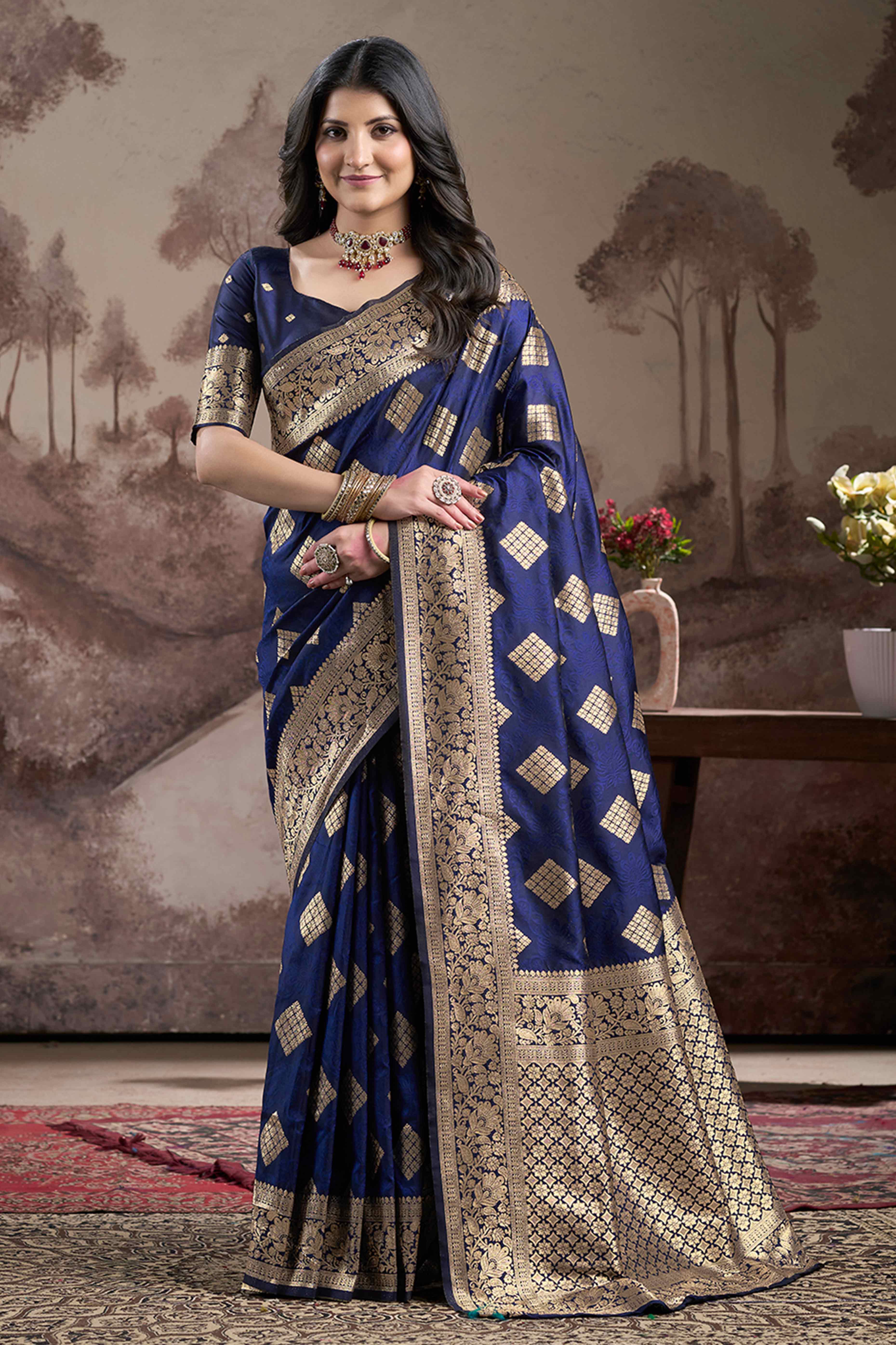 Navy Blue Woven Jacquard Silk Saree - Image 3