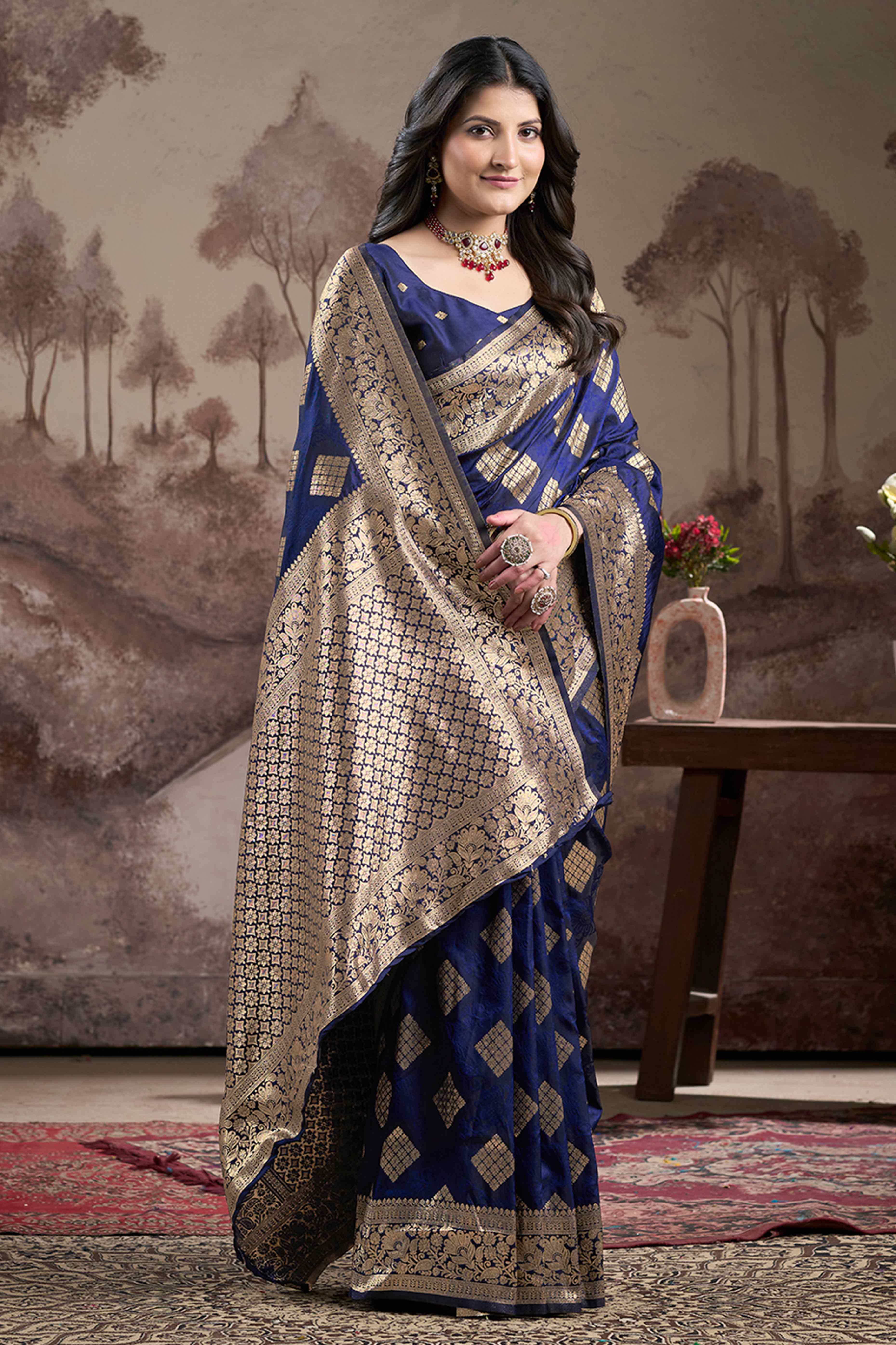 Navy Blue Woven Jacquard Silk Saree - Image 4