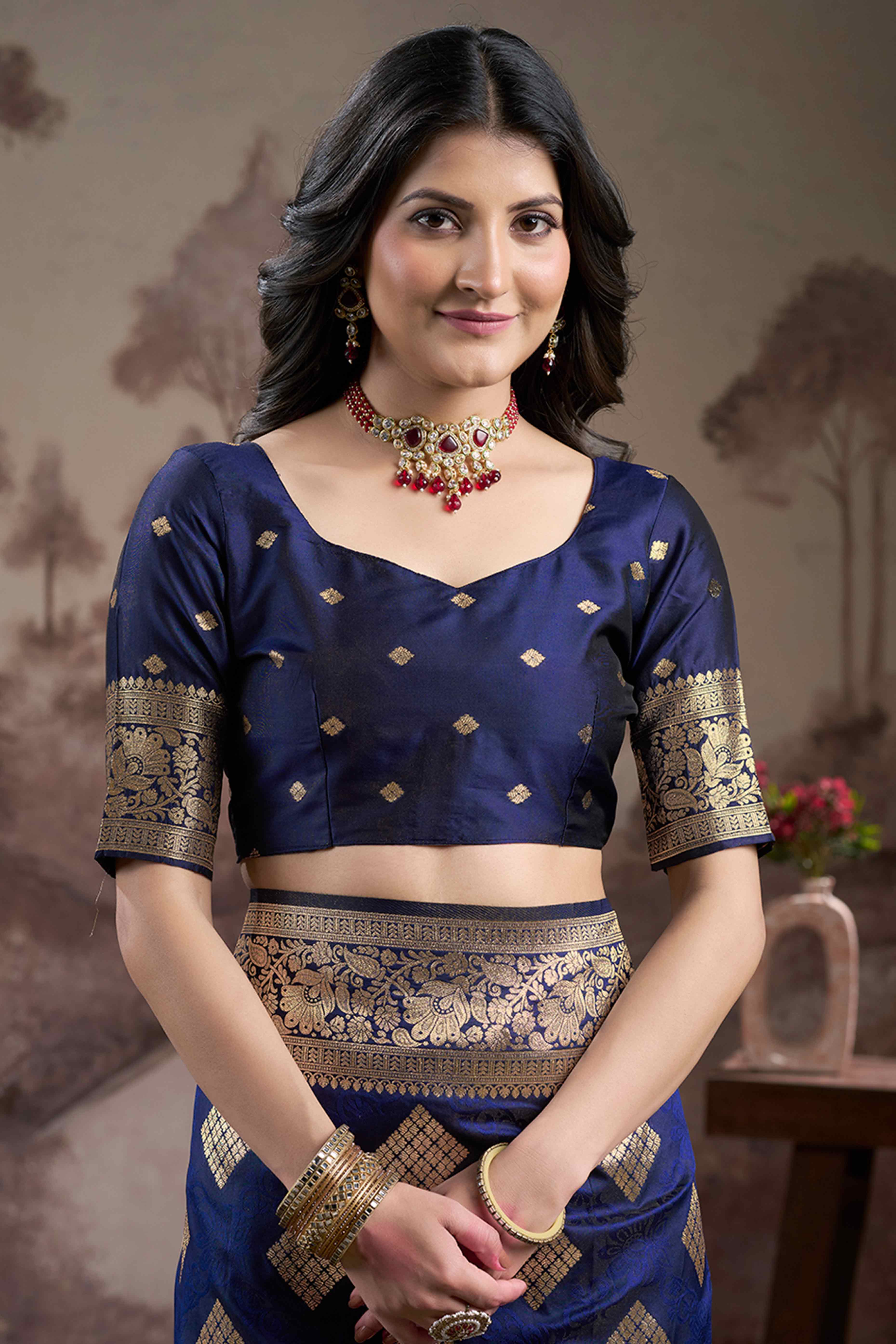 Navy Blue Woven Jacquard Silk Saree - Image 6