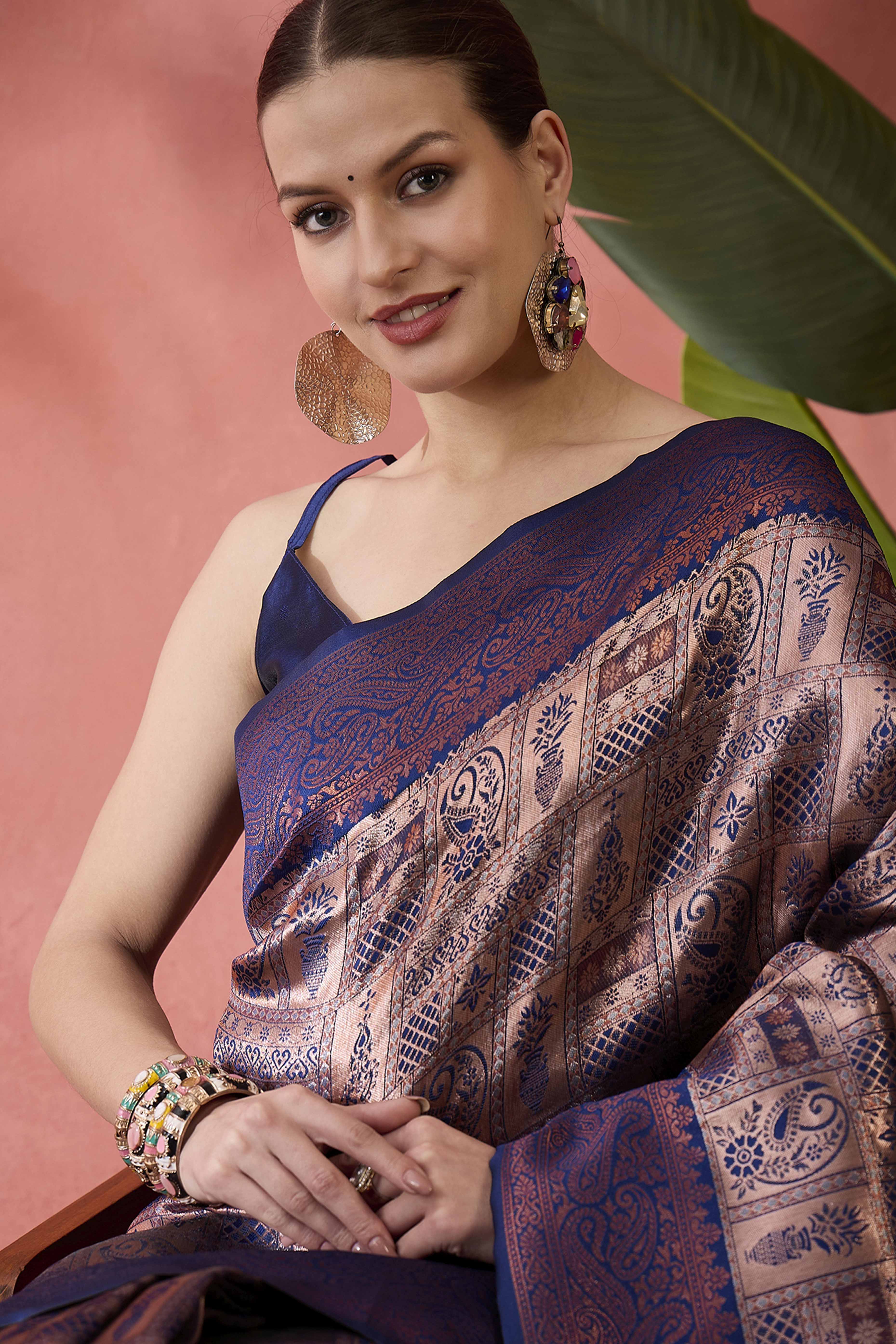 Navy Blue Woven Poly Silk Blend Saree Featuring Floral & Paisley Motifs With Tassel Accents - Image 6