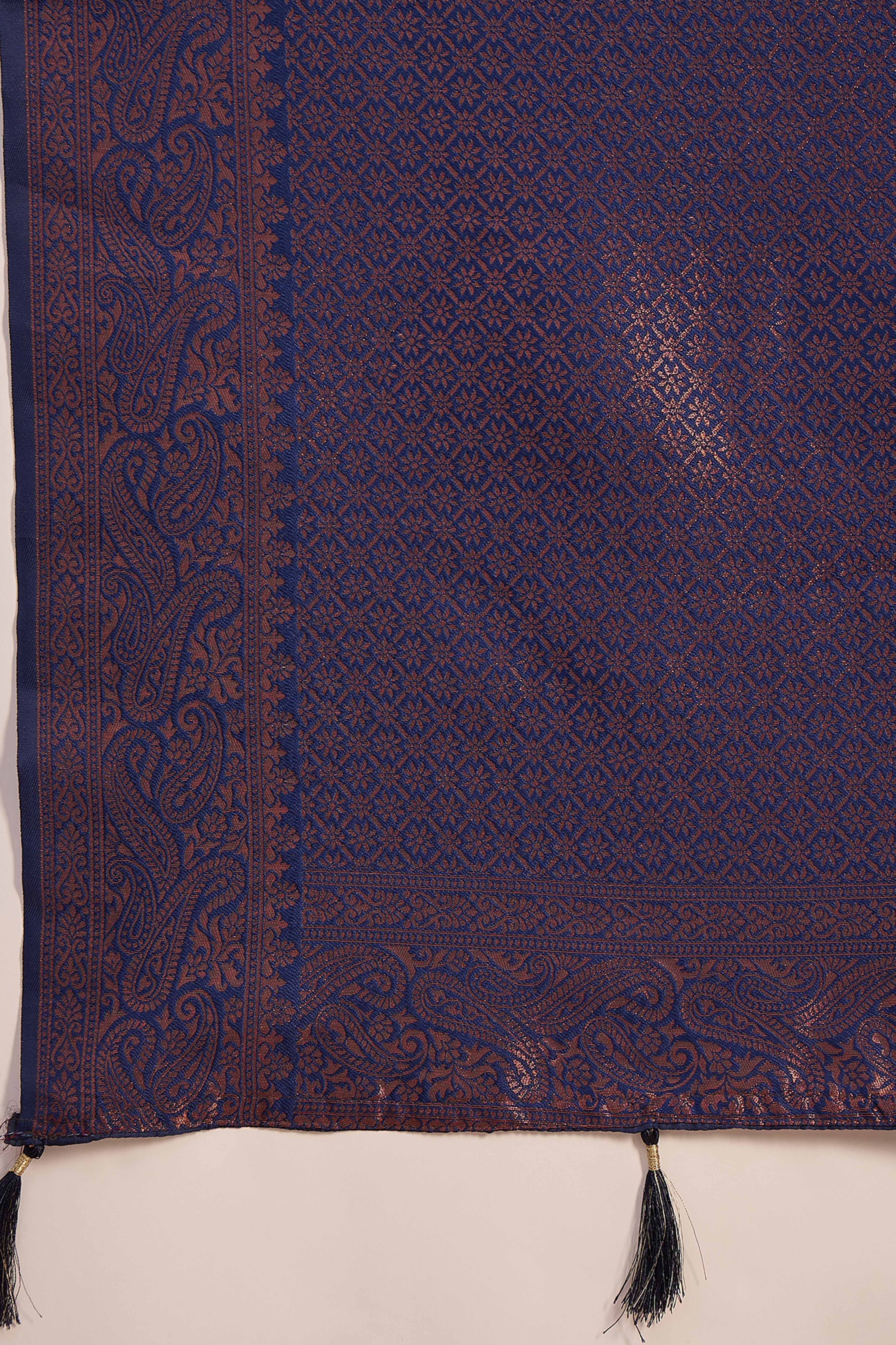 Navy Blue Woven Poly Silk Blend Saree Featuring Floral & Paisley Motifs With Tassel Accents - Image 8