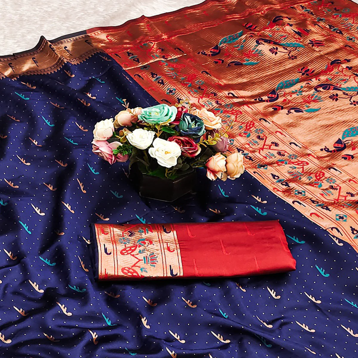Navy Blue Woven Pure Silk Paithani Saree - Image 2