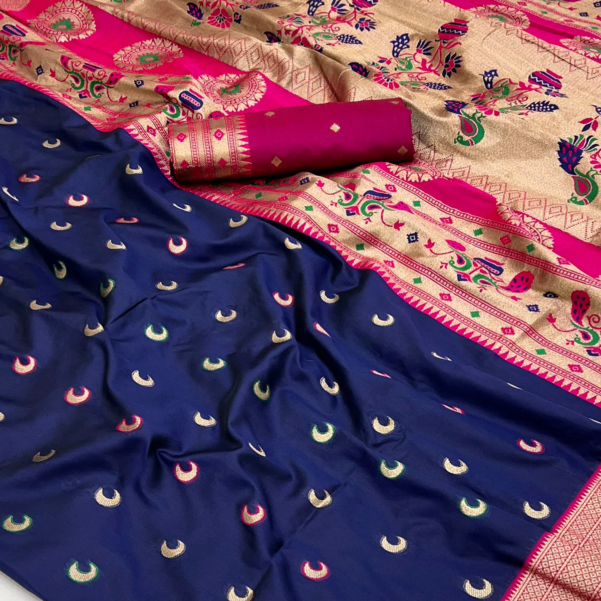 Navy Blue Woven Pure Silk Paithani Saree - Image 2