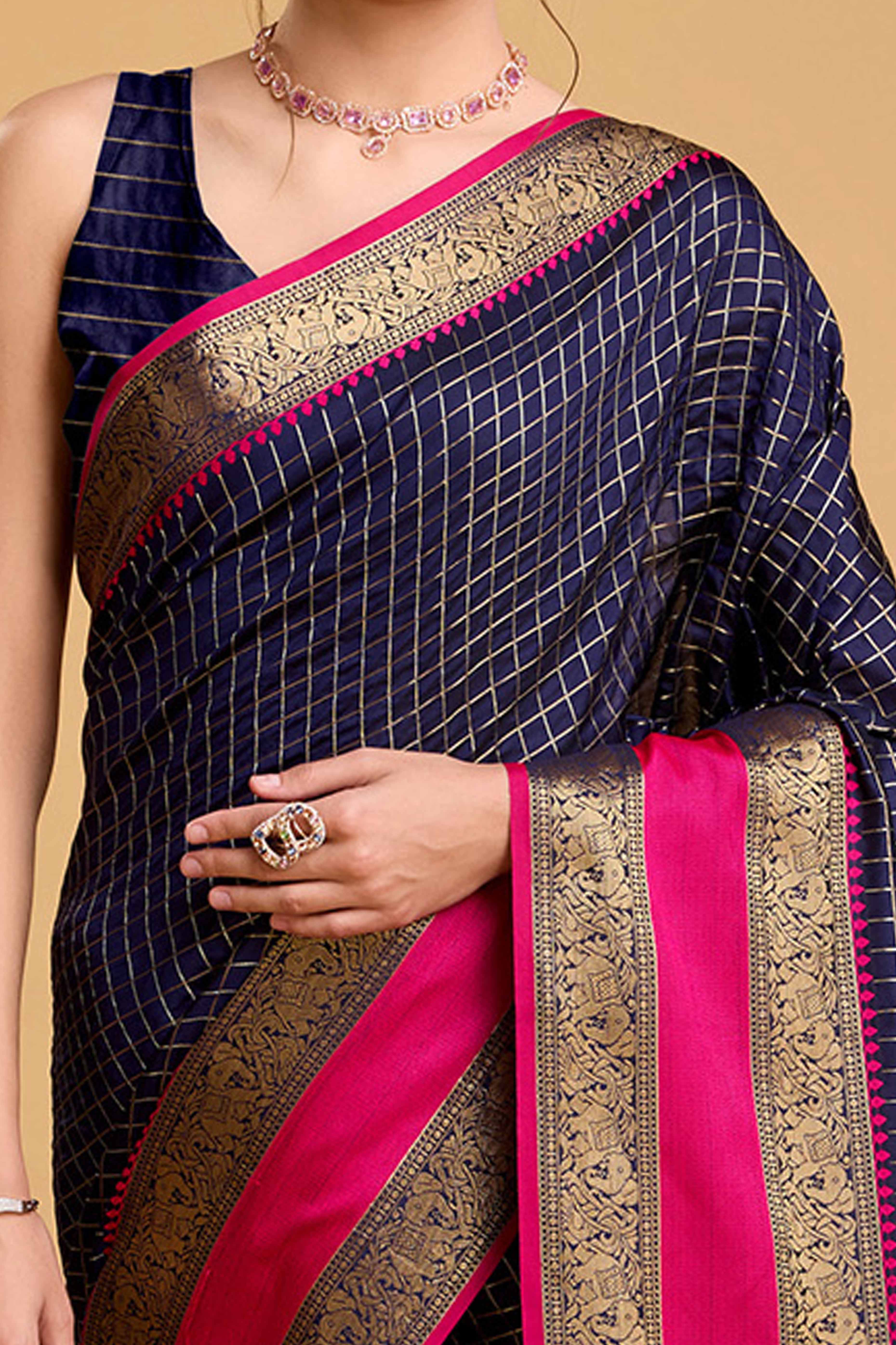 Navy Blue Zari Weaving Banarasi Silk Saree - Image 2