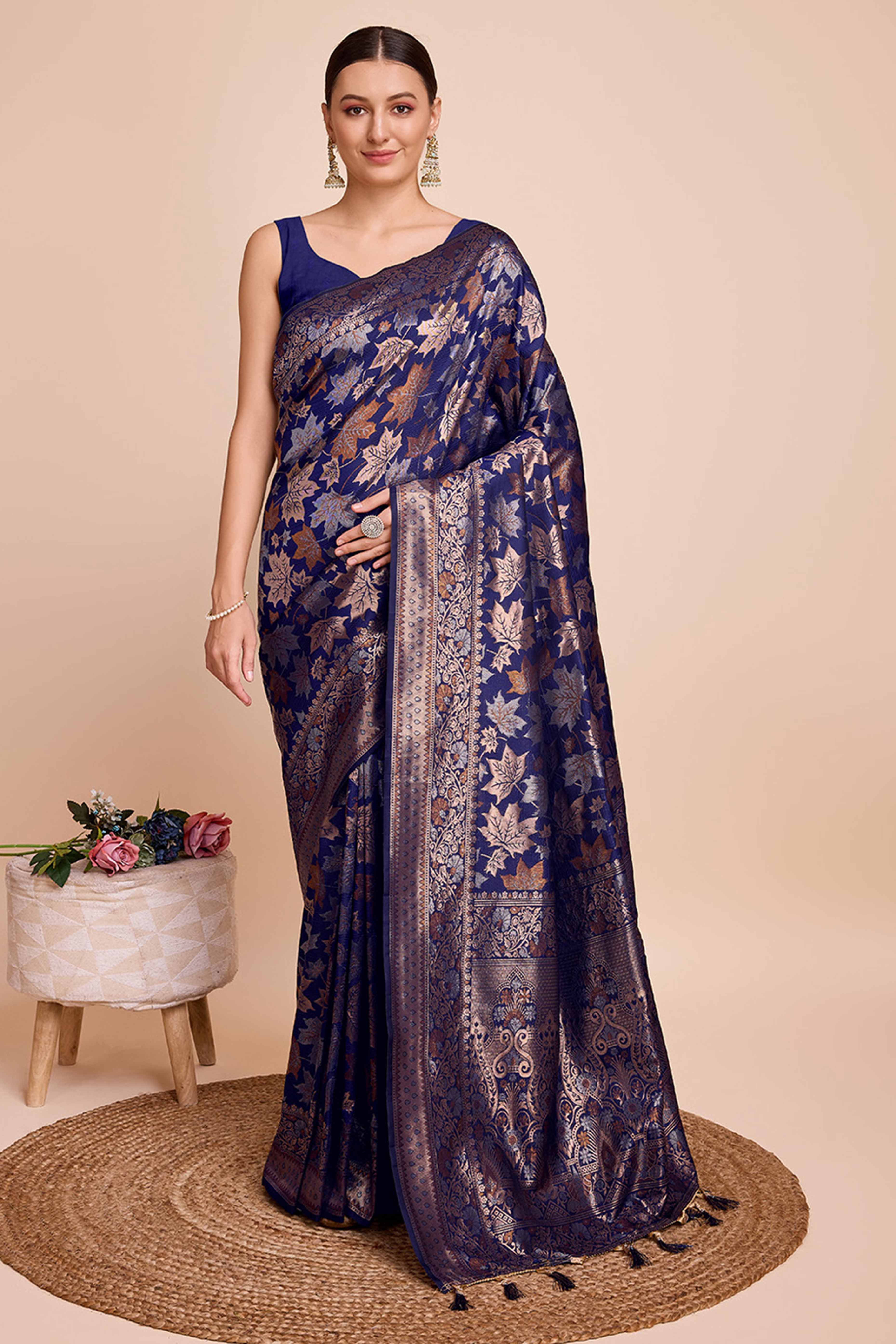 Navy Blue Zari Weaving Pure Silk Saree - Image 3