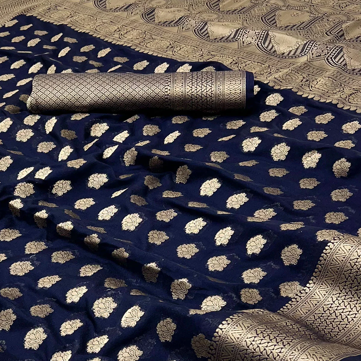 Navy Blue Zari Woven Floral Silk Saree With Chic Tassel Finish Pallu - Image 2