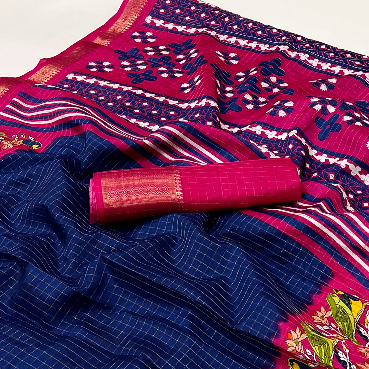 Navy Blue Zari Woven With Printed Dola Silk Saree - Image 2