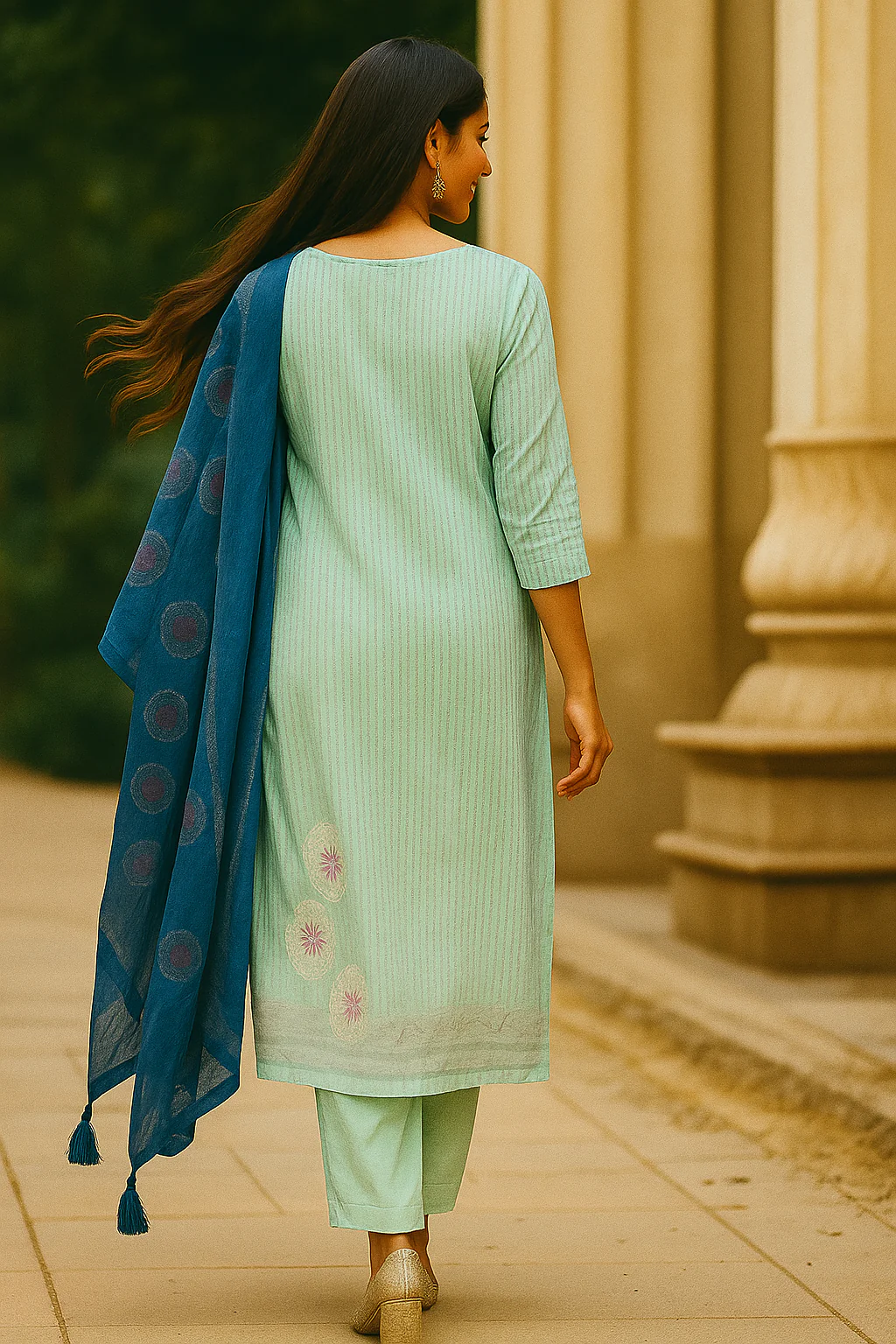 Occasion Wear Light Sea Green Straight Salwar Suit in Muslin with Floral Prints - Image 3