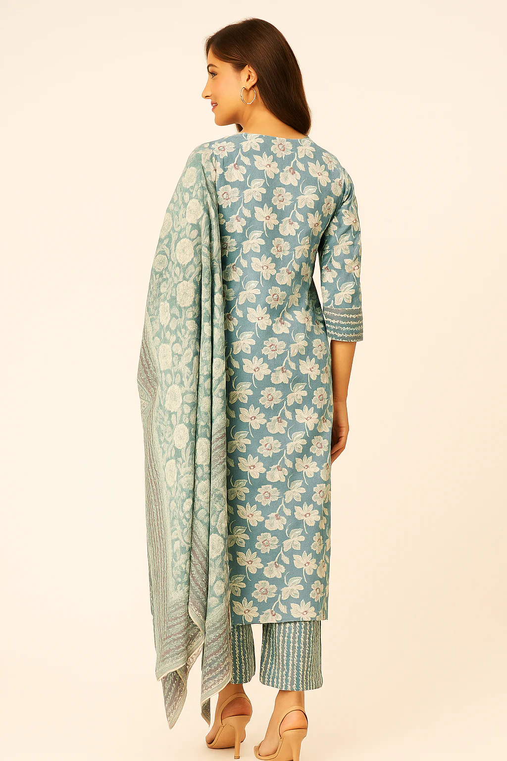 Occasion Wear Sky Blue Floral Printed Straight Suit in Pure Cotton with Mirror Work - Image 3