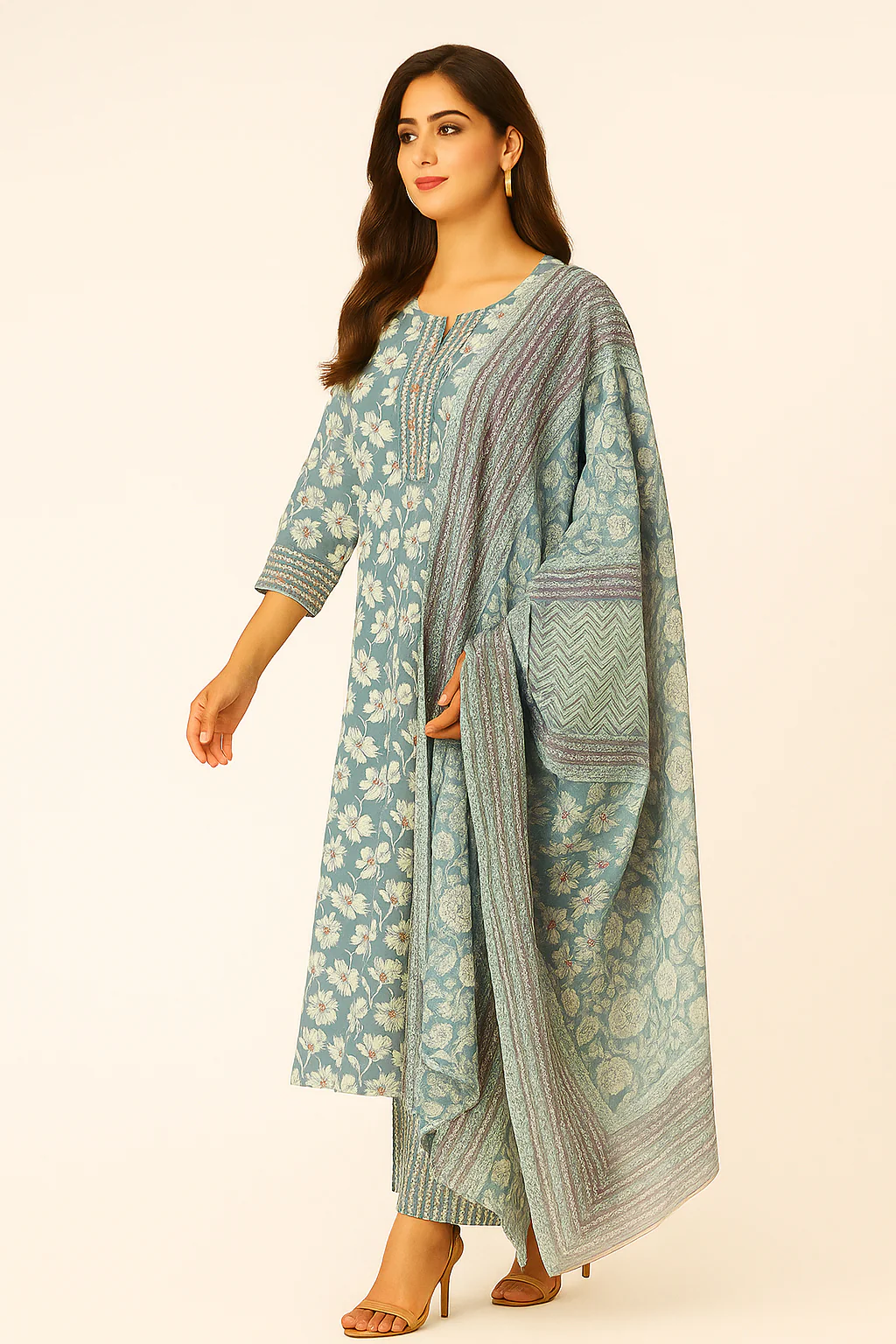 Occasion Wear Sky Blue Floral Printed Straight Suit in Pure Cotton with Mirror Work - Image 4