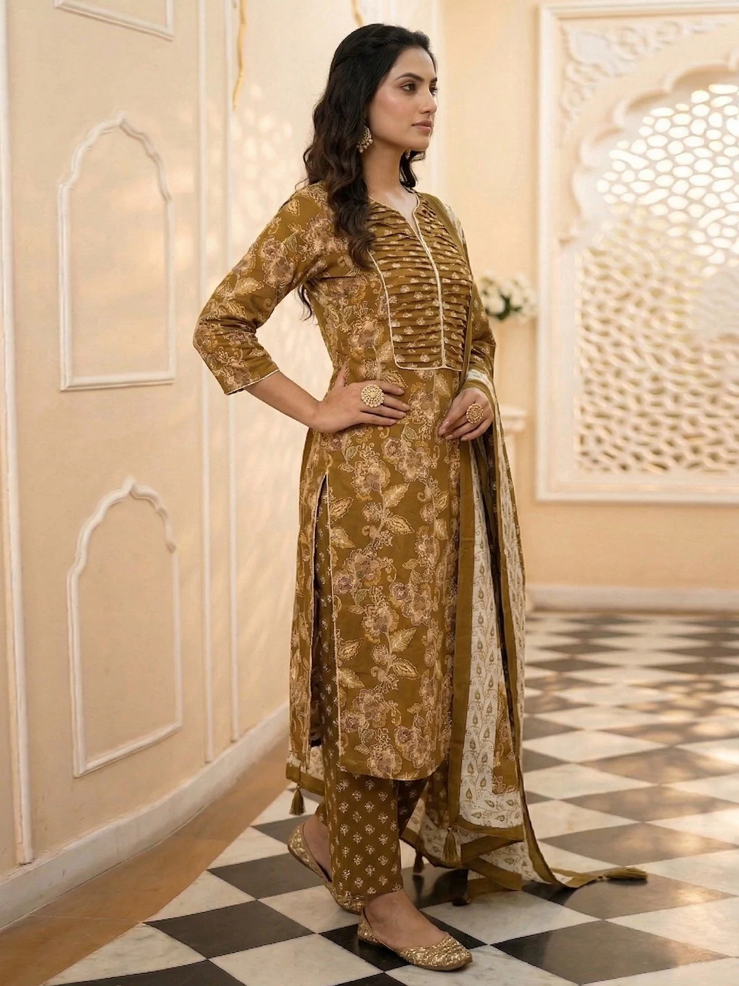 Ochre Mustard Floral Print Pure Cotton Salwar Suit with Dupatta for Festive Occasions - Image 4