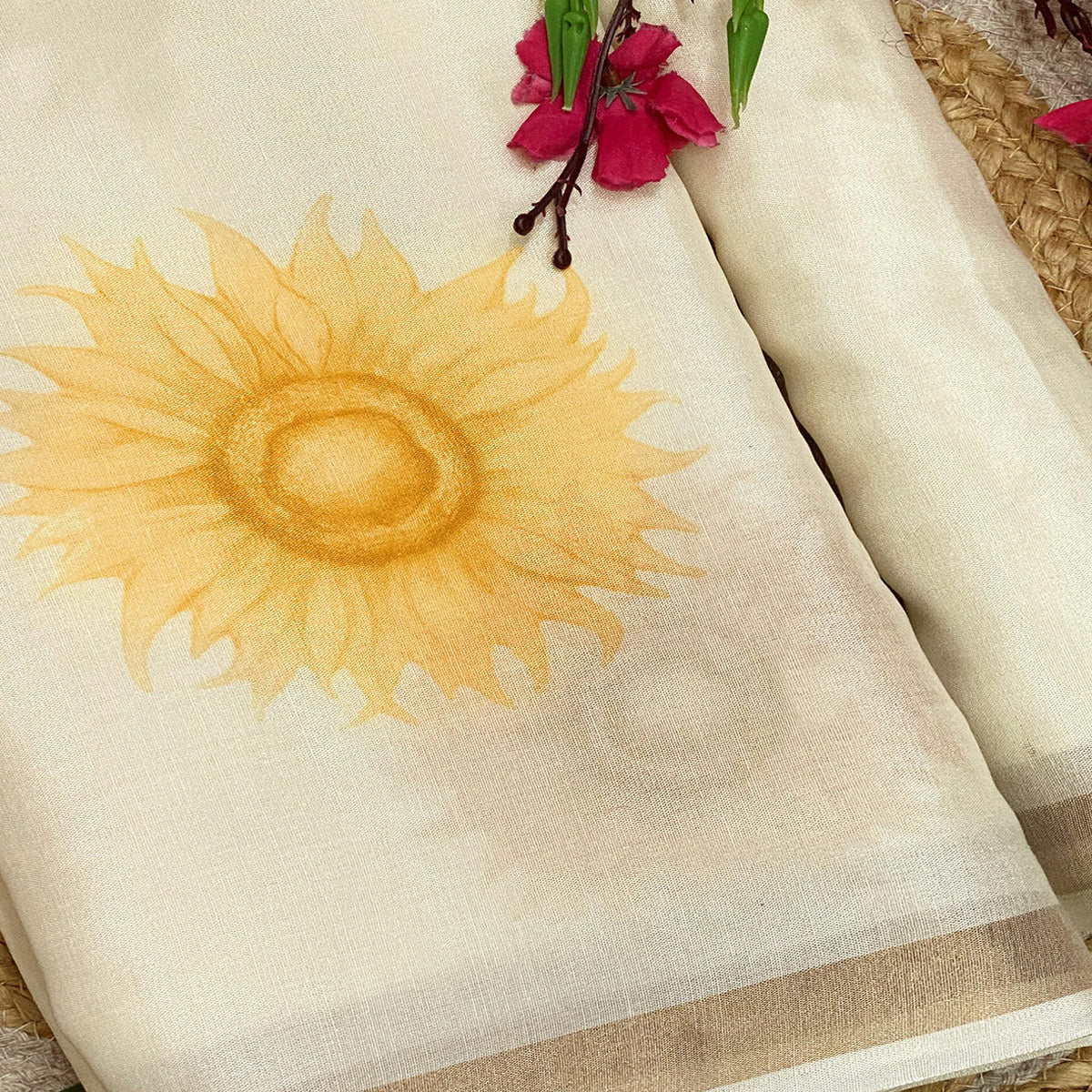 Off White Admirable Floral Printed Soft Tussar Cotton Silk Saree - Image 2
