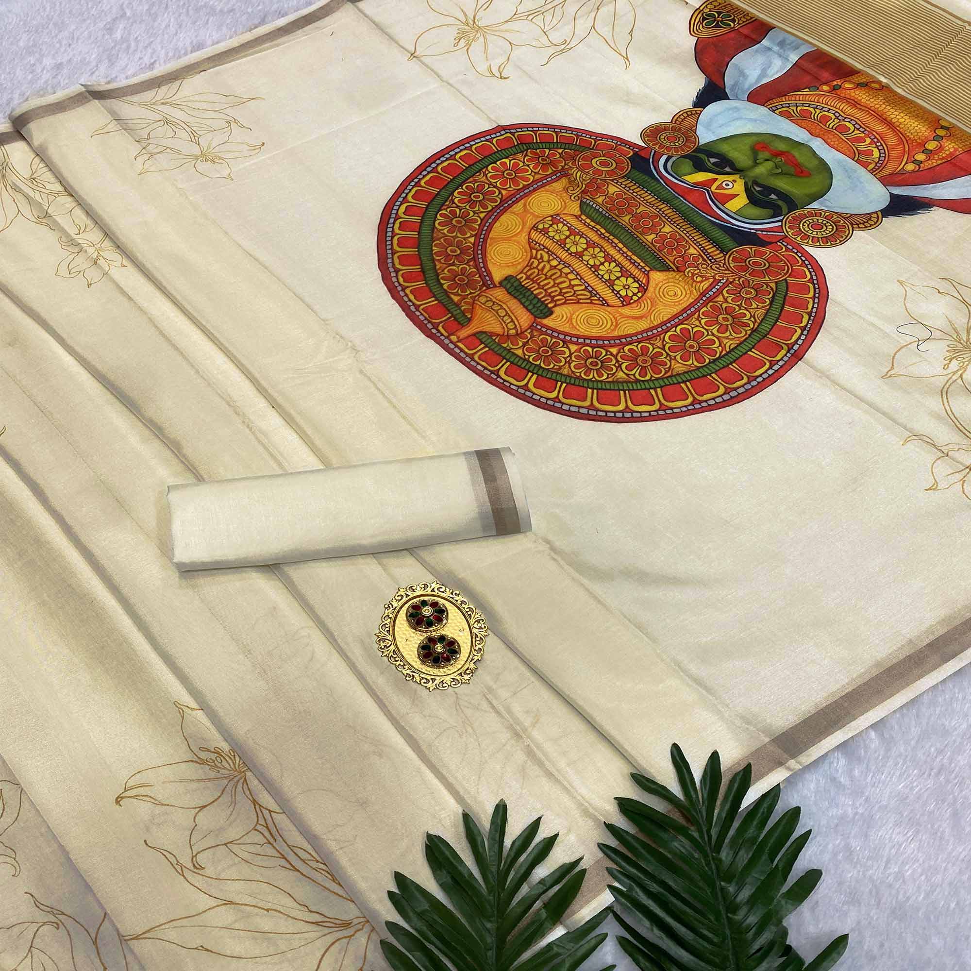 Off White Admirable Kathakali Printed Soft Tussar Cotton Silk Saree - Image 3