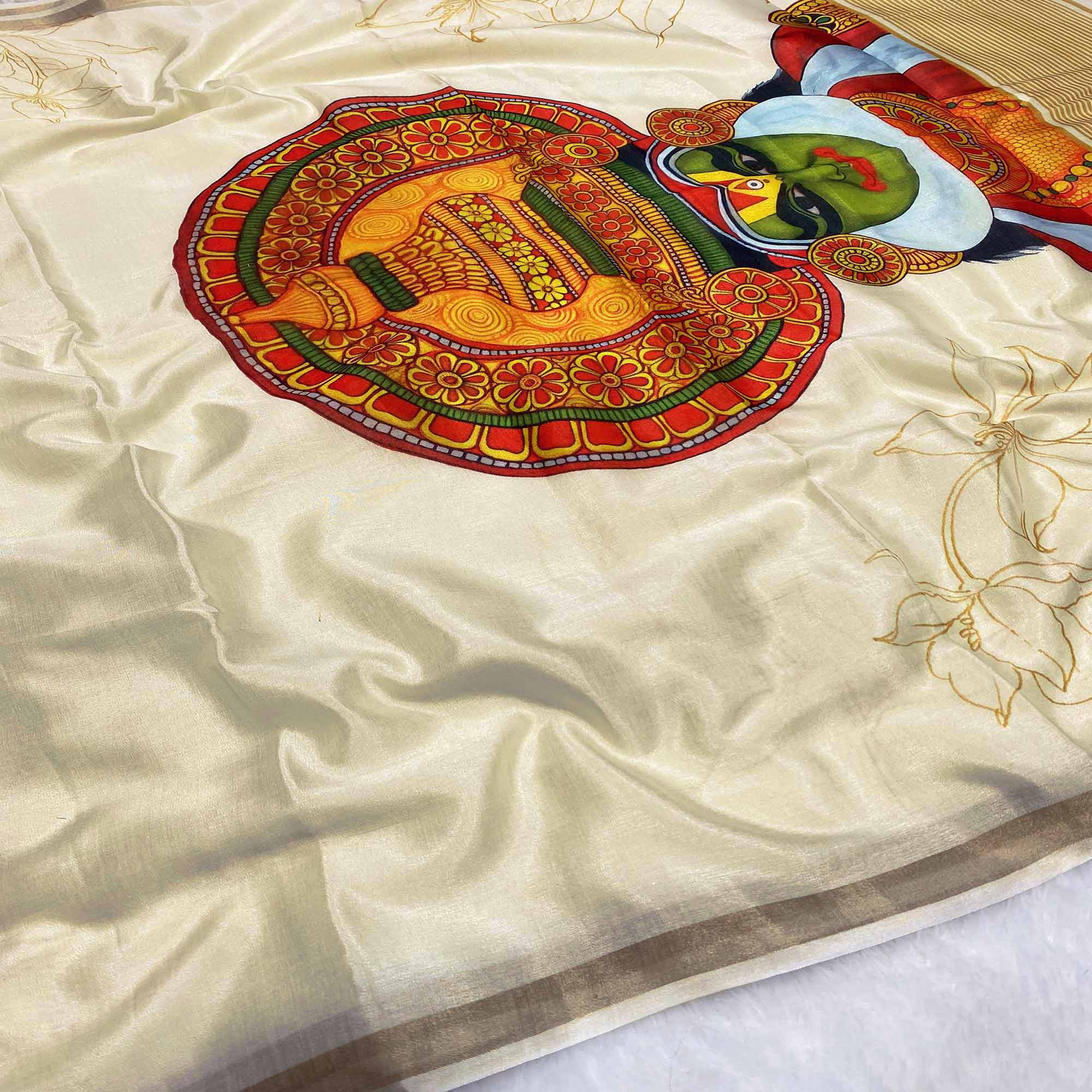 Off White Admirable Kathakali Printed Soft Tussar Cotton Silk Saree - Image 4