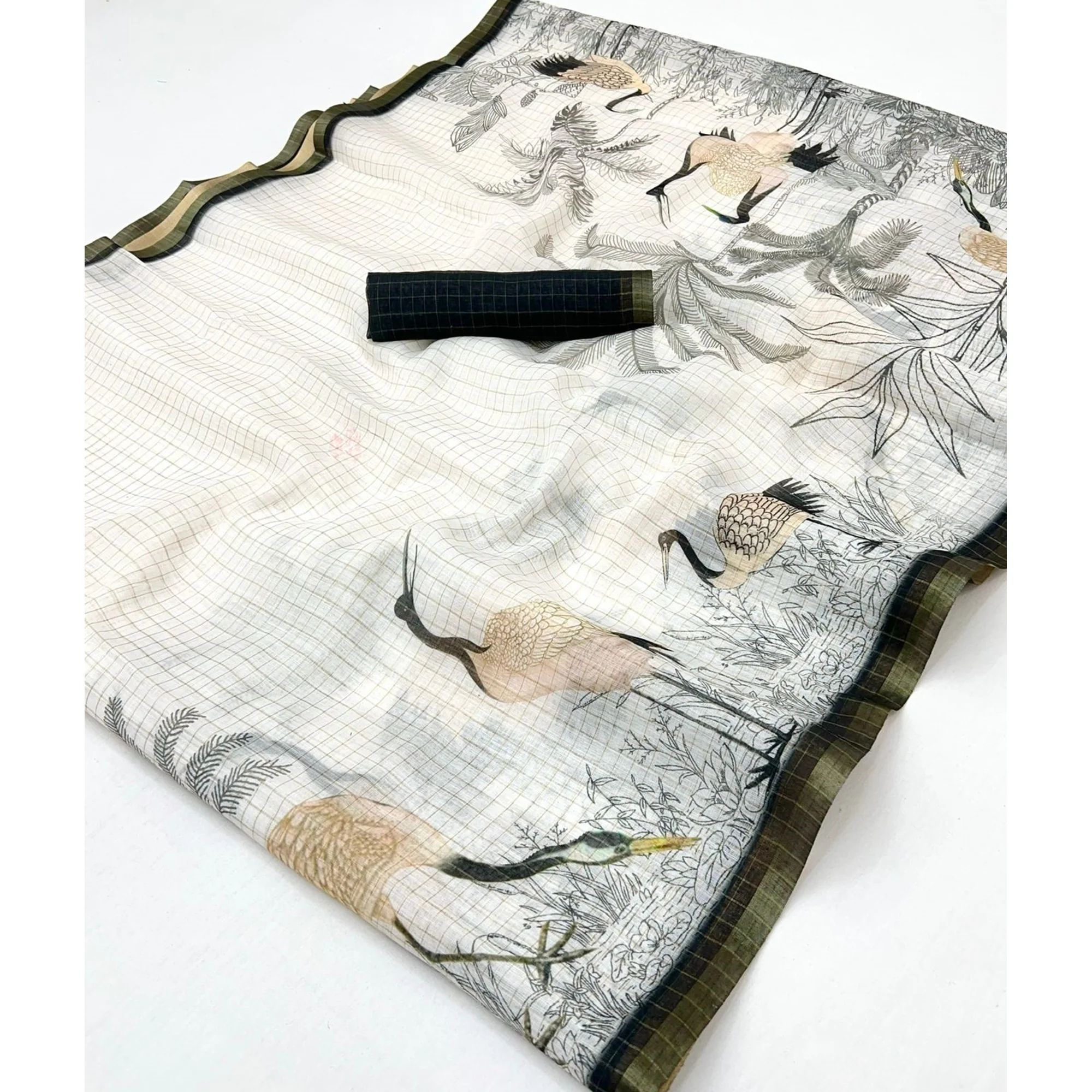 Off White and Black Checkered Printed Linen Saree with a Breezy Feel - Image 3