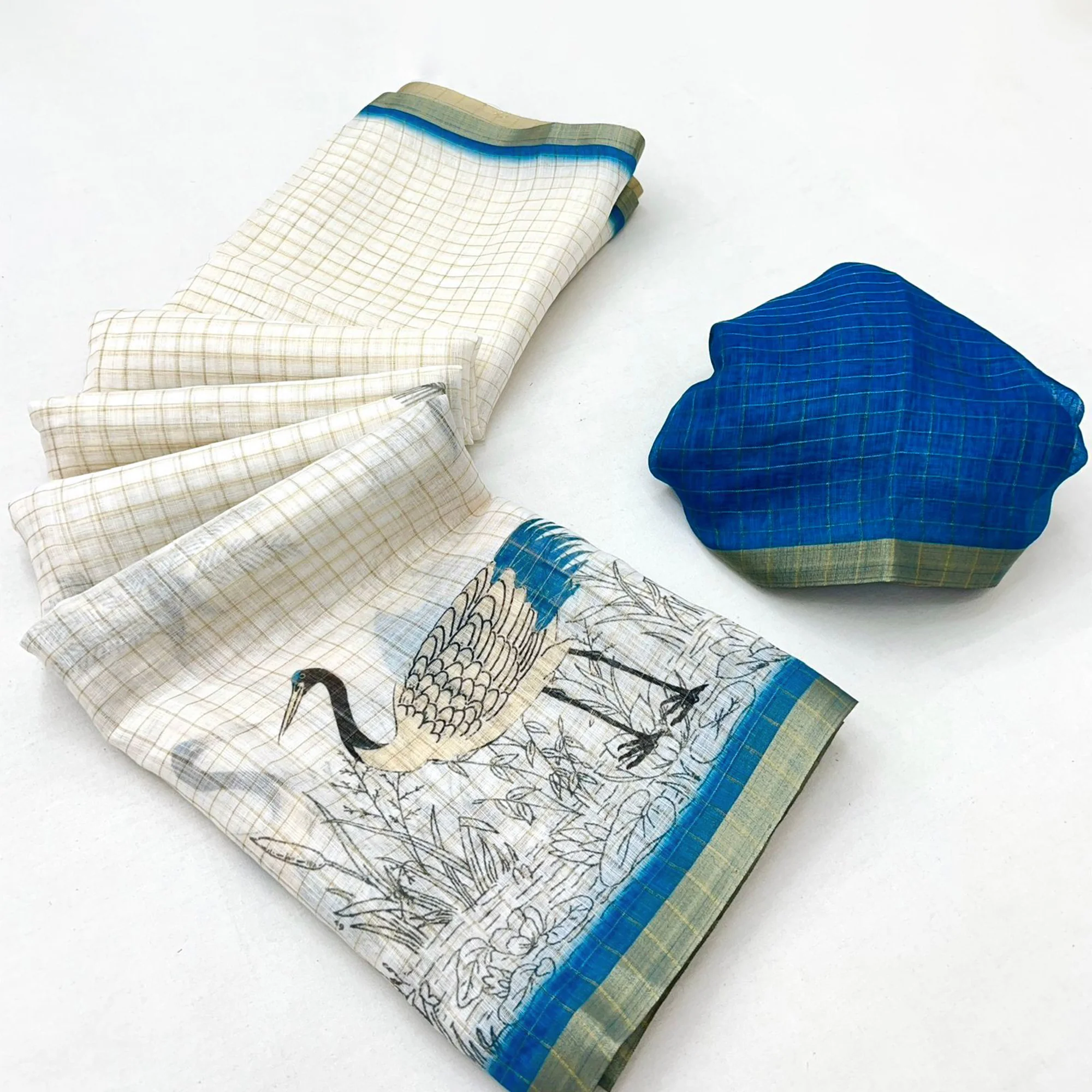 Off White and Blue Checkered Printed Linen Saree with a Breezy Feel
