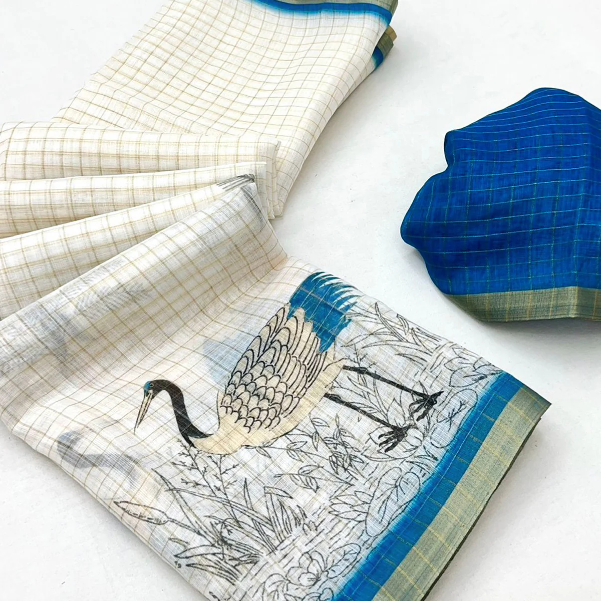 Off White and Blue Checkered Printed Linen Saree with a Breezy Feel - Image 2