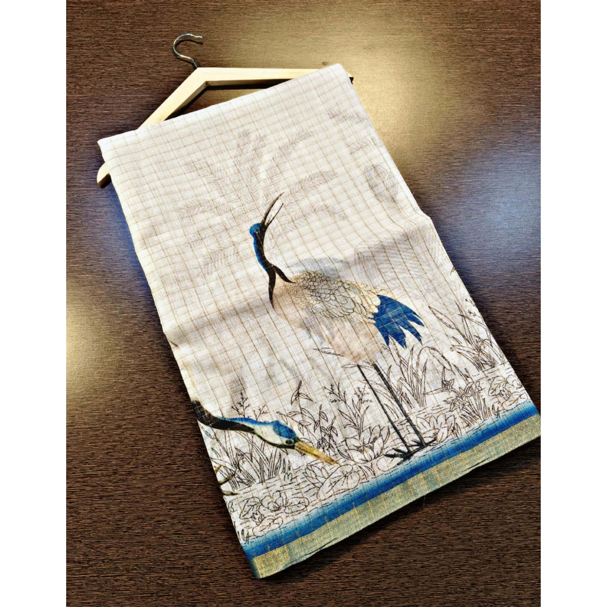 Off White and Blue Checkered Printed Linen Saree with a Breezy Feel - Image 3