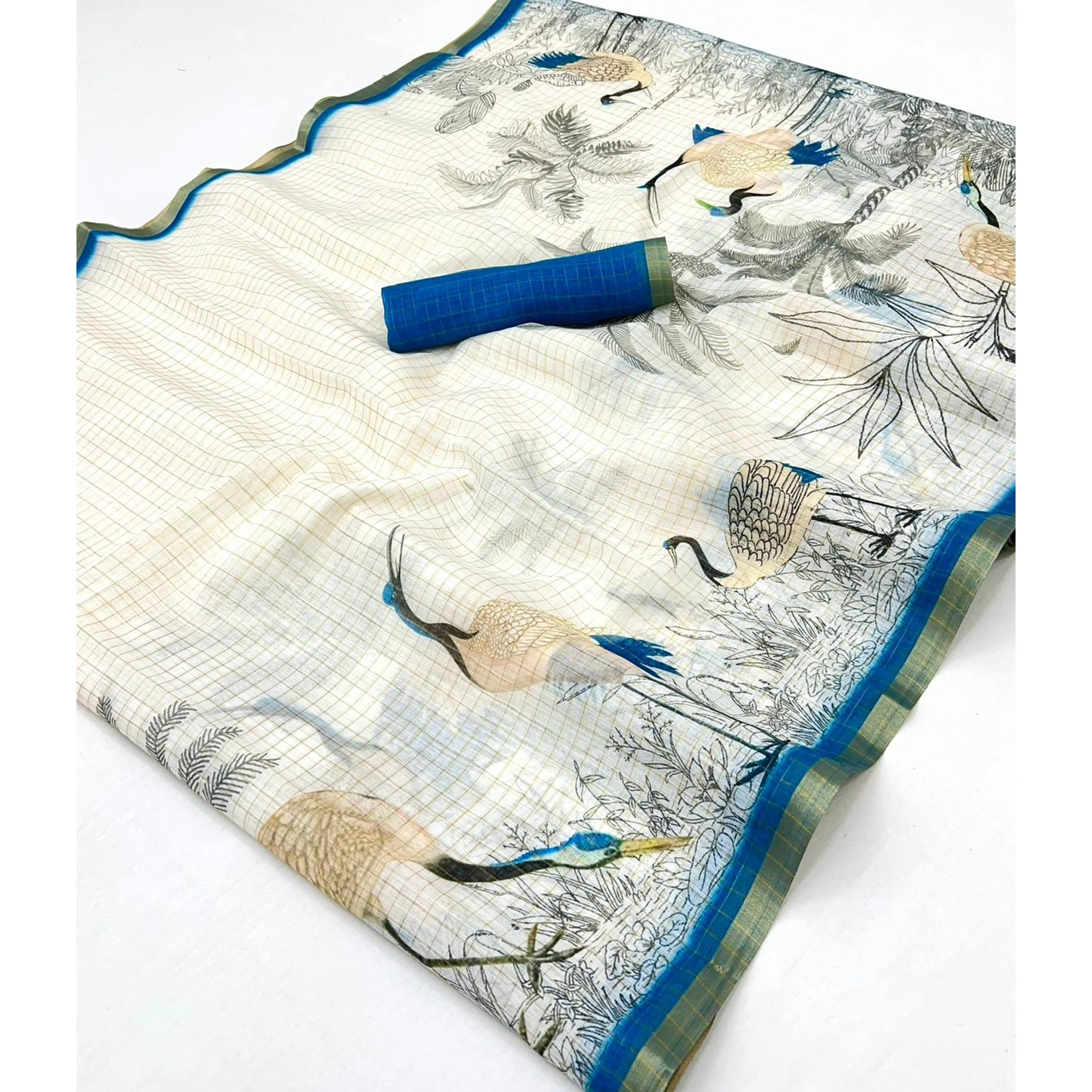 Off White and Blue Checkered Printed Linen Saree with a Breezy Feel - Image 4