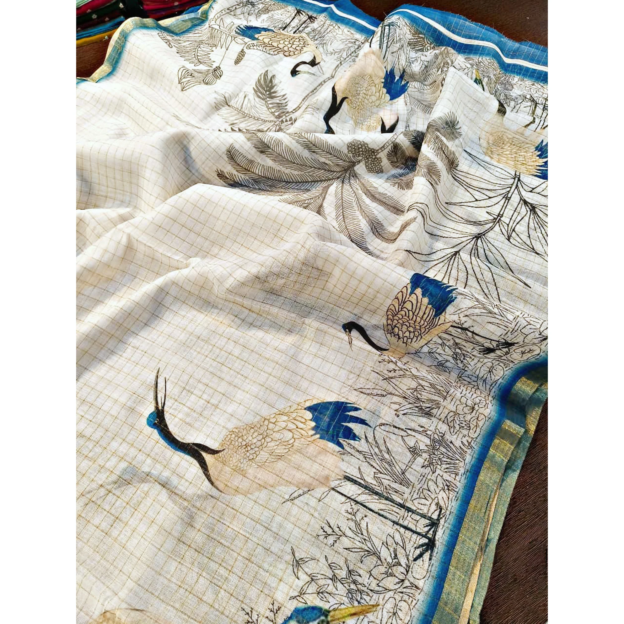 Off White and Blue Checkered Printed Linen Saree with a Breezy Feel - Image 5