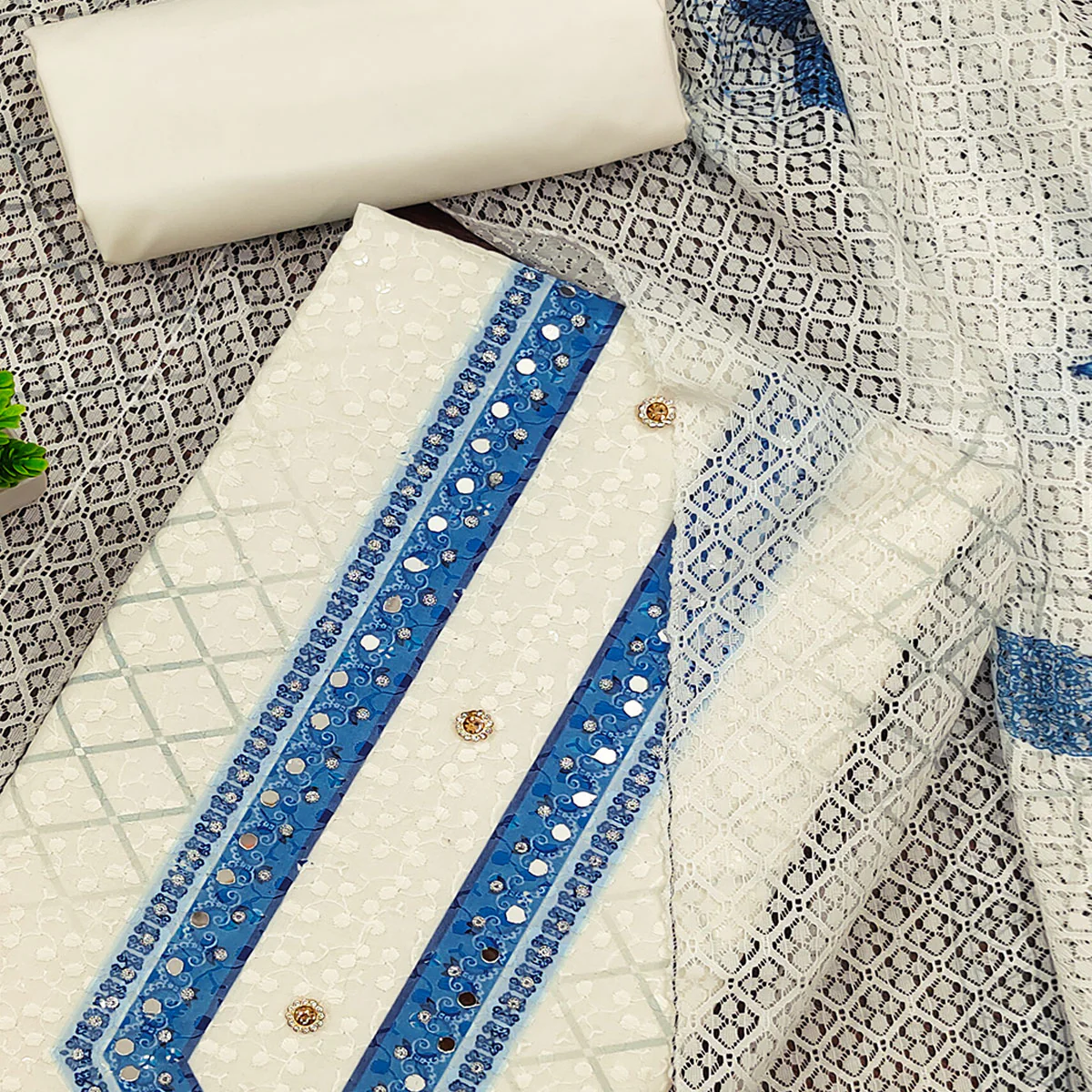 Off-White and Blue Unstitched Suit Material with Classic Schiffli Detailing - Image 2