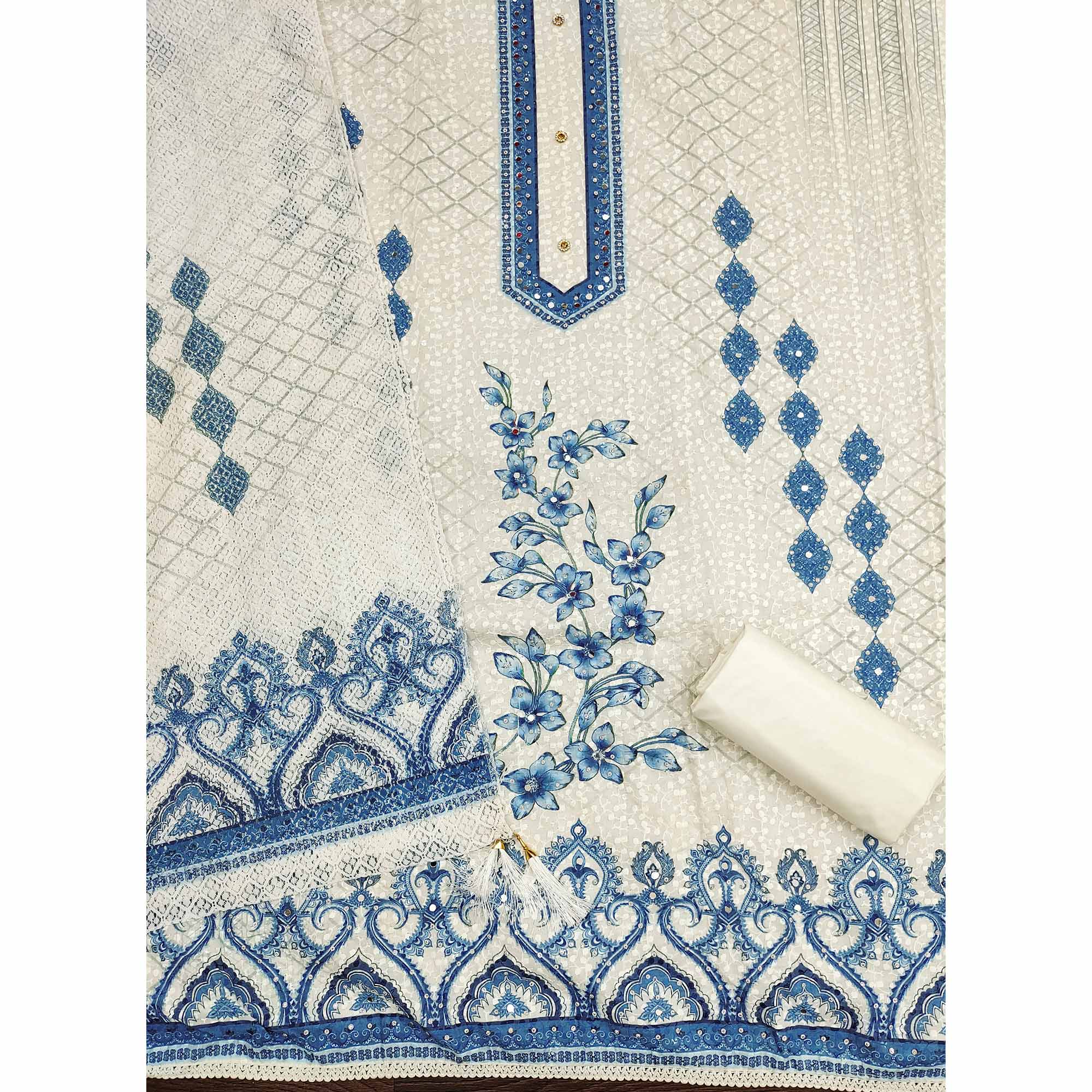 Off-White and Blue Unstitched Suit Material with Classic Schiffli Detailing - Image 4