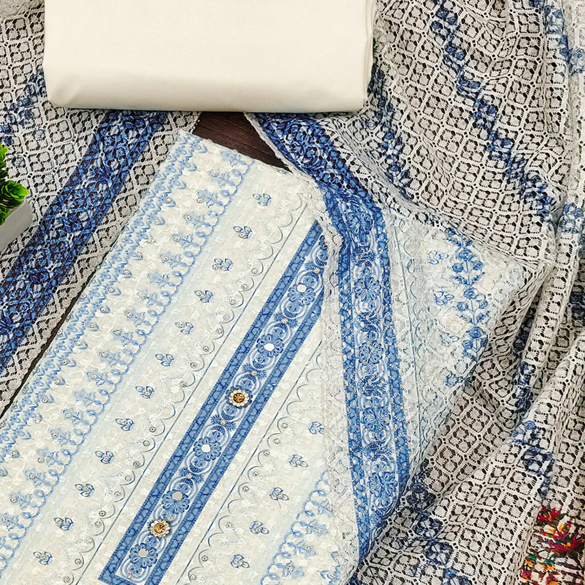 Off-White and Blue Unstitched Suit Material with Classic Schiffli Detailing - Image 2