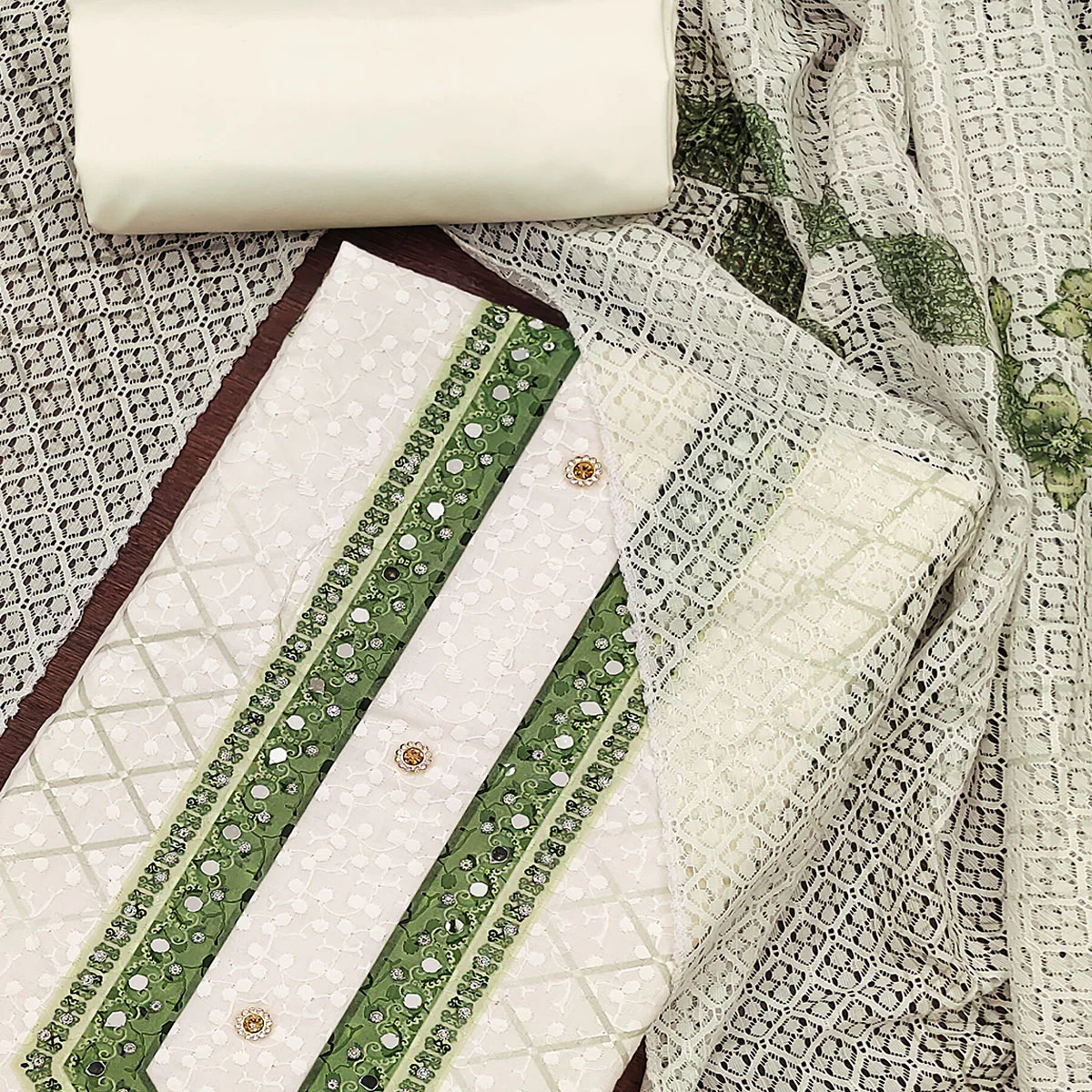 Off-White and Green Unstitched Suit Material with Classic Schiffli Detailing - Image 2