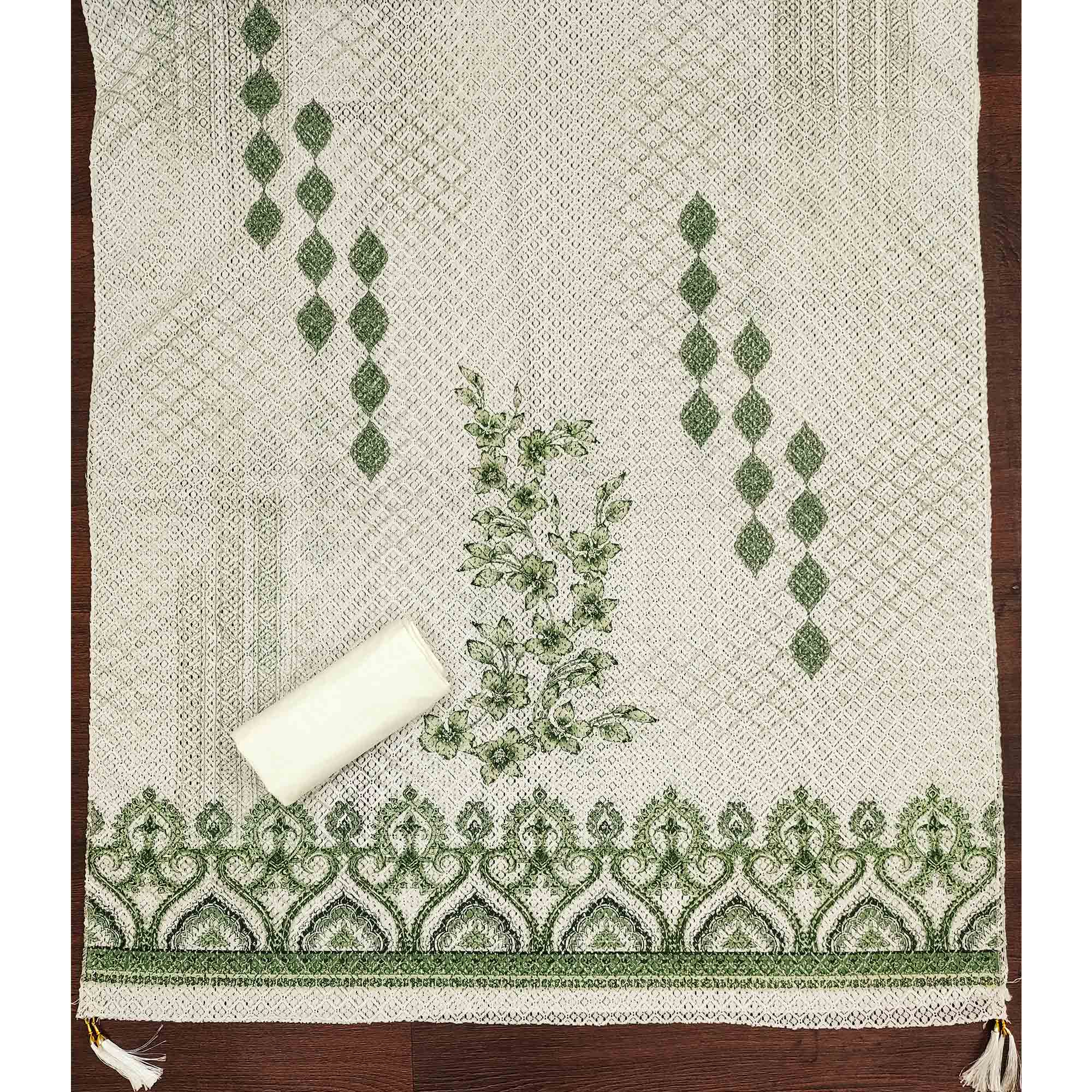 Off-White and Green Unstitched Suit Material with Classic Schiffli Detailing - Image 5