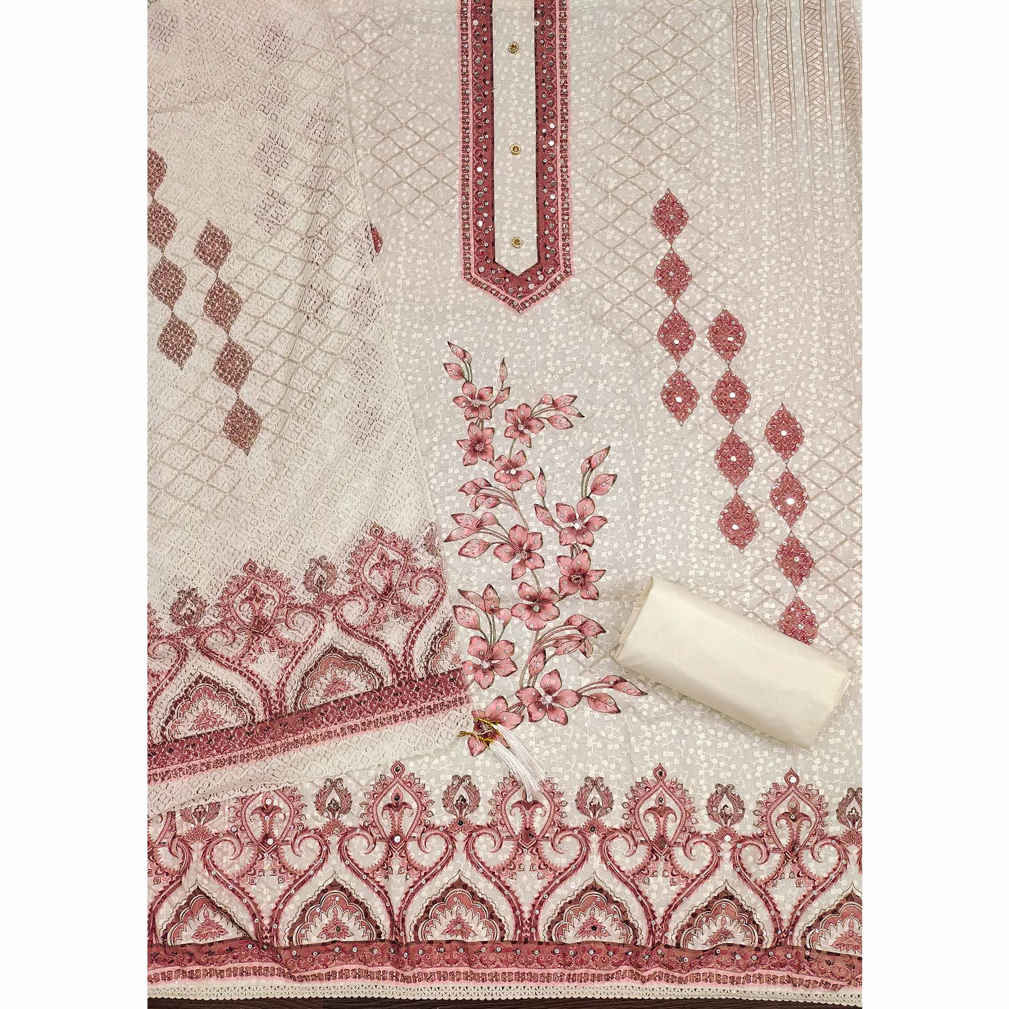 Off-White and Maroon Unstitched Suit Material with Classic Schiffli Detailing - Image 4