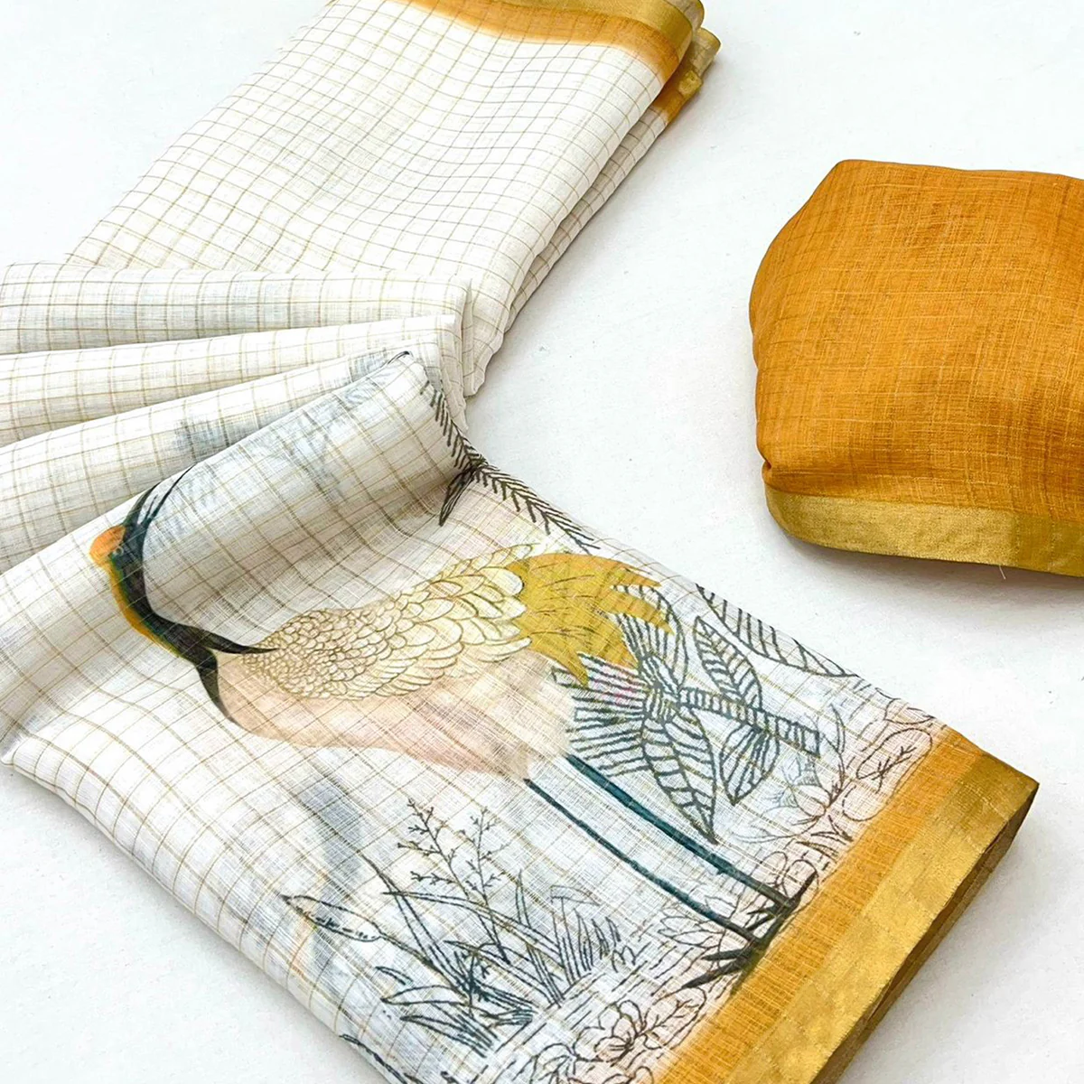 Off White and Mustard Checkered Printed Linen Saree with a Breezy Feel - Image 2
