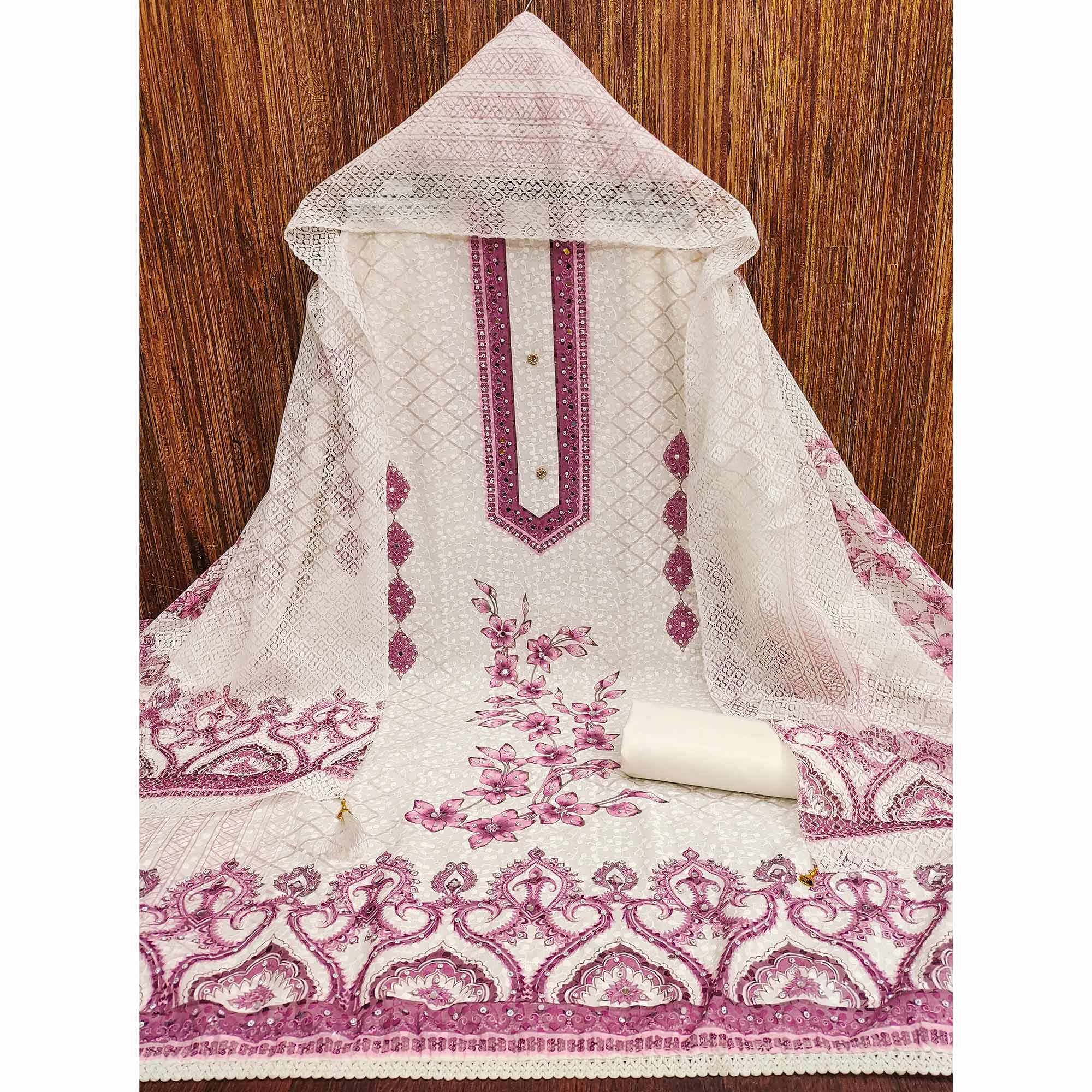 Off-White and Pink Unstitched Suit Material with Classic Schiffli Detailing - Image 2