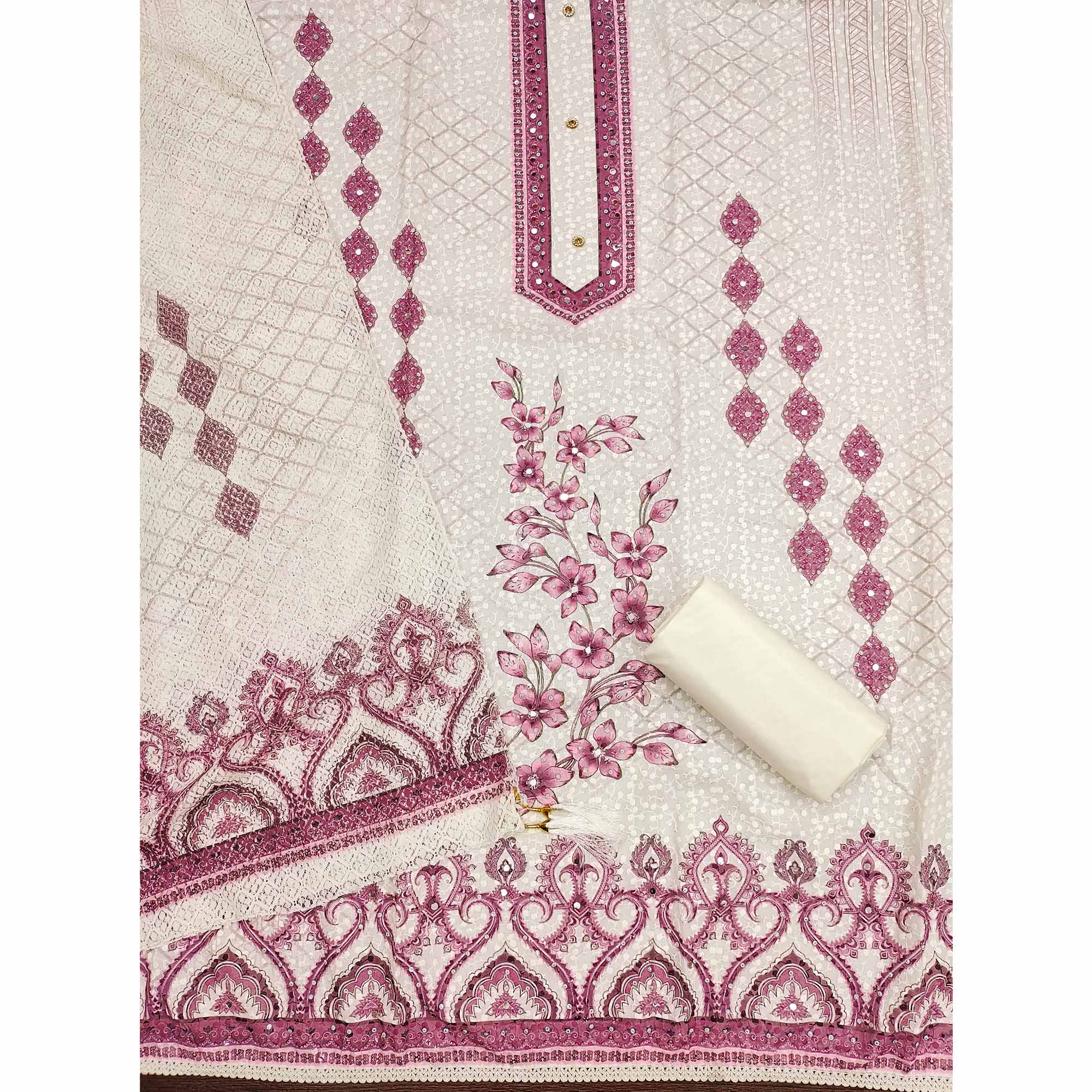 Off-White and Pink Unstitched Suit Material with Classic Schiffli Detailing - Image 3