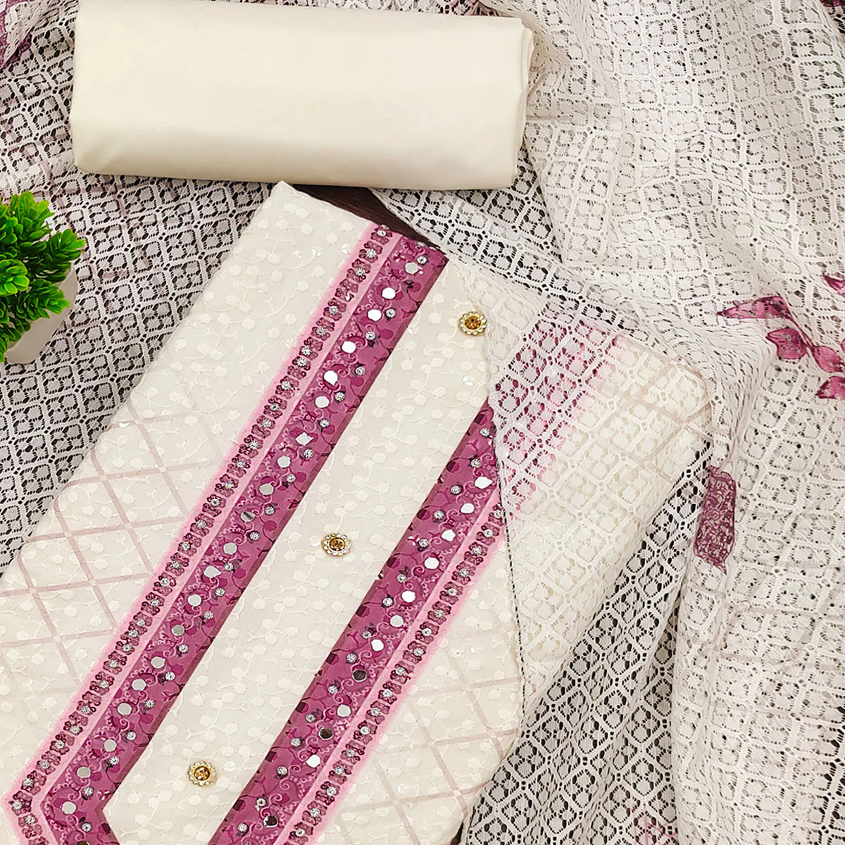 Off-White and Pink Unstitched Suit Material with Classic Schiffli Detailing - Image 4