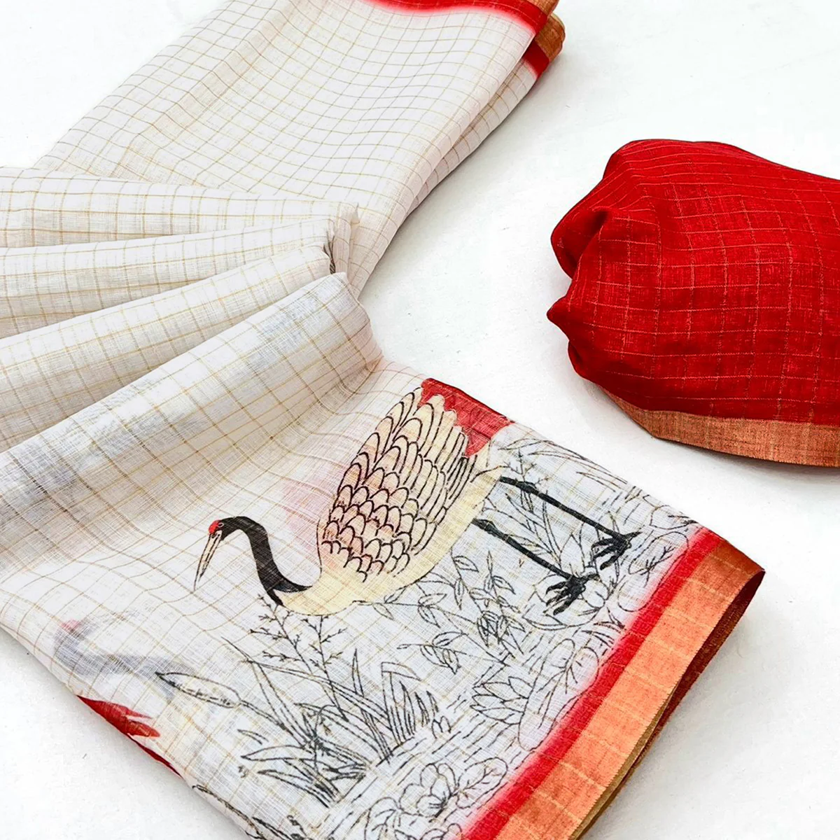Off White and Red Checkered Printed Linen Saree with a Breezy Feel - Image 2