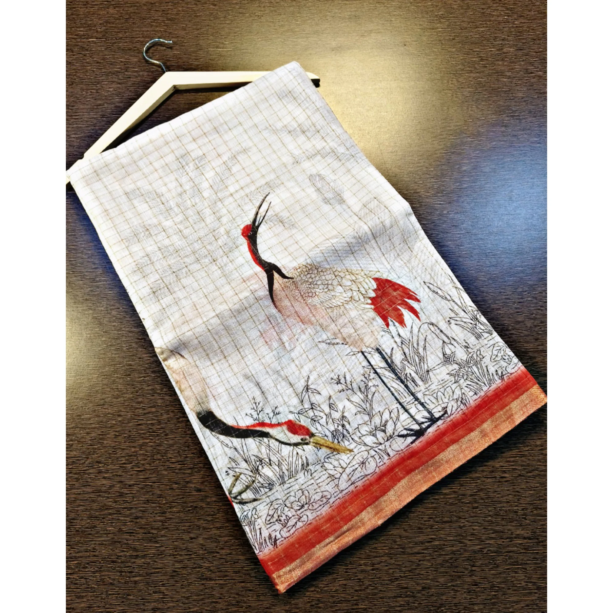 Off White and Red Checkered Printed Linen Saree with a Breezy Feel - Image 3