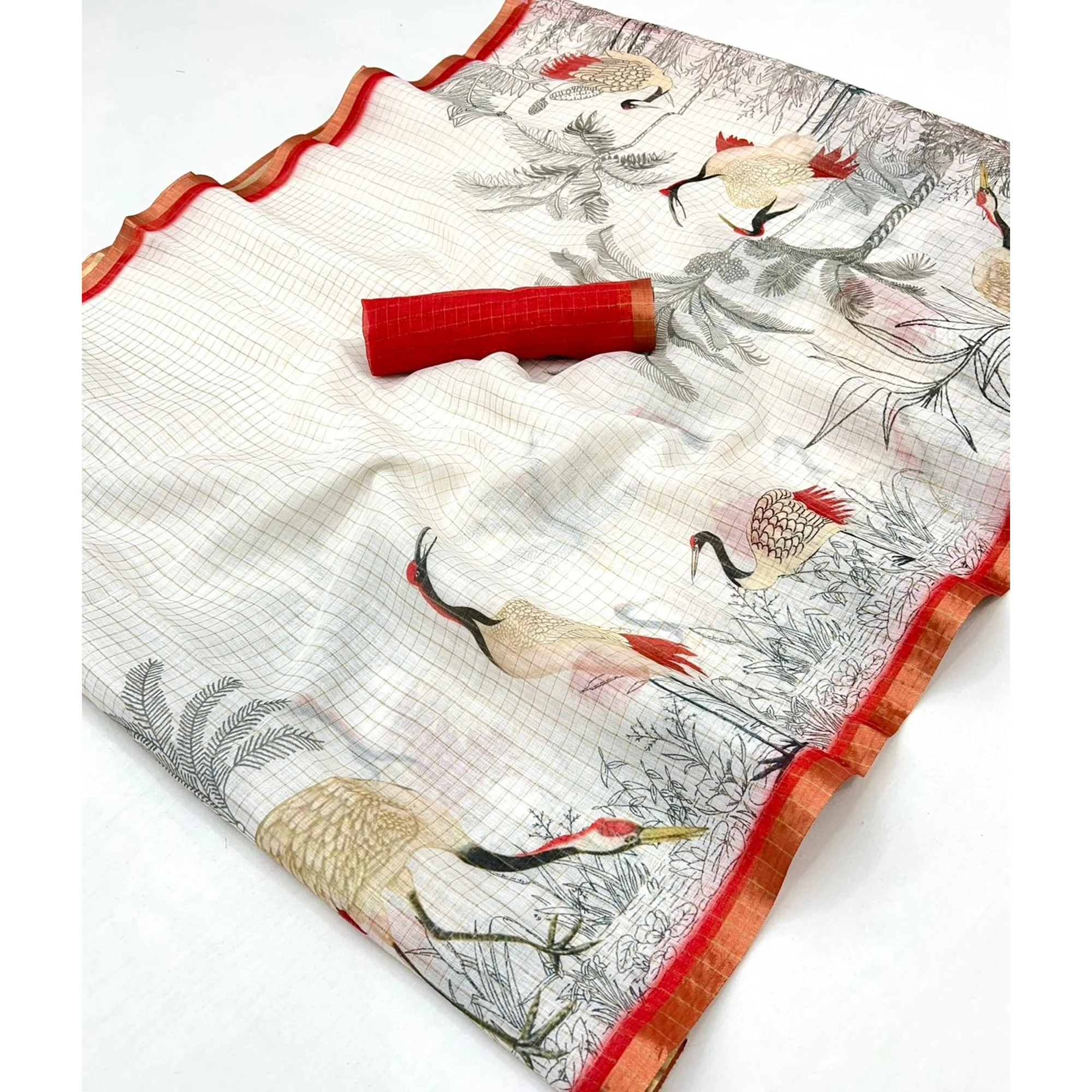 Off White and Red Checkered Printed Linen Saree with a Breezy Feel - Image 4