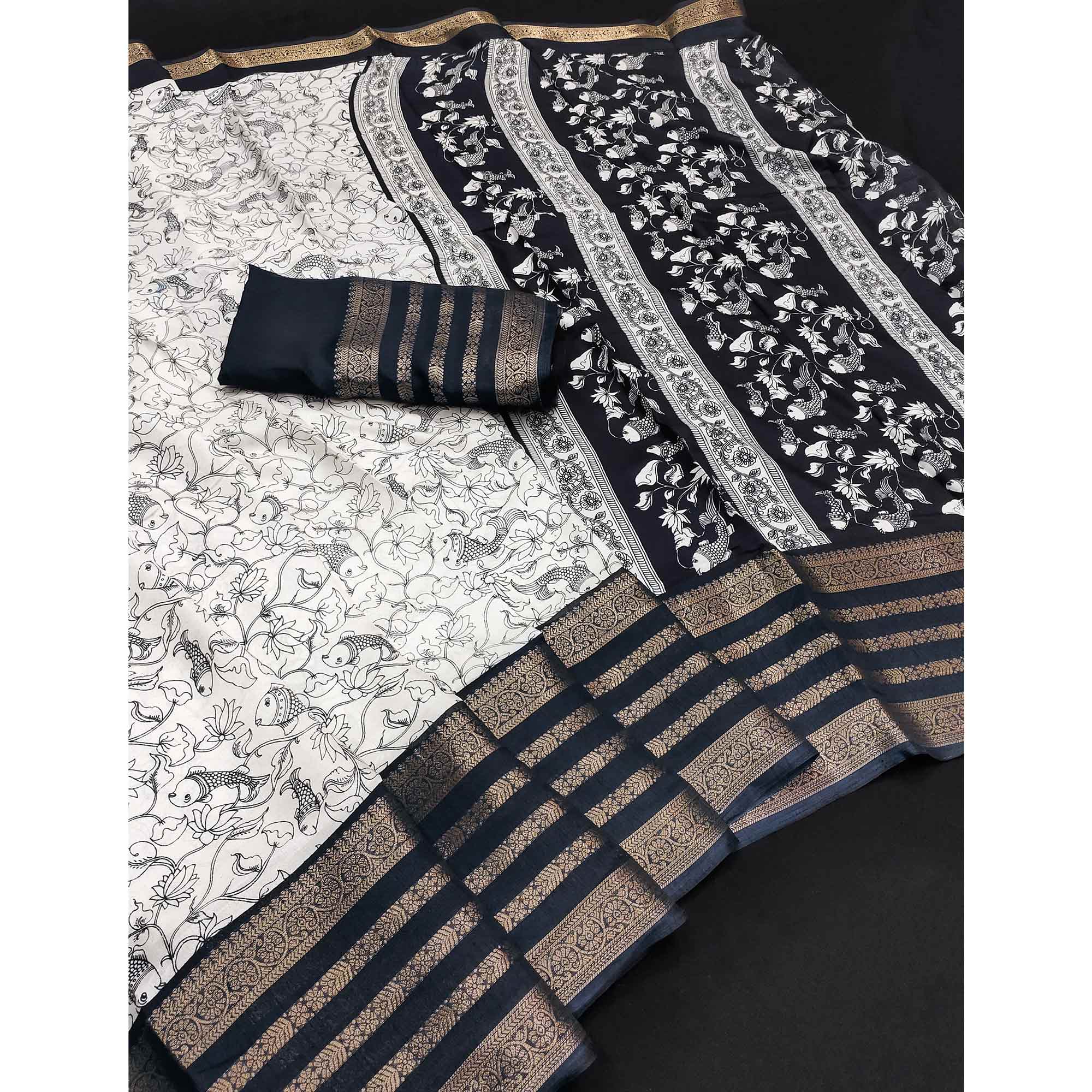 Off White & Black Dola Silk Saree with Tradional Prints and Zari Weaving Border - Image 3