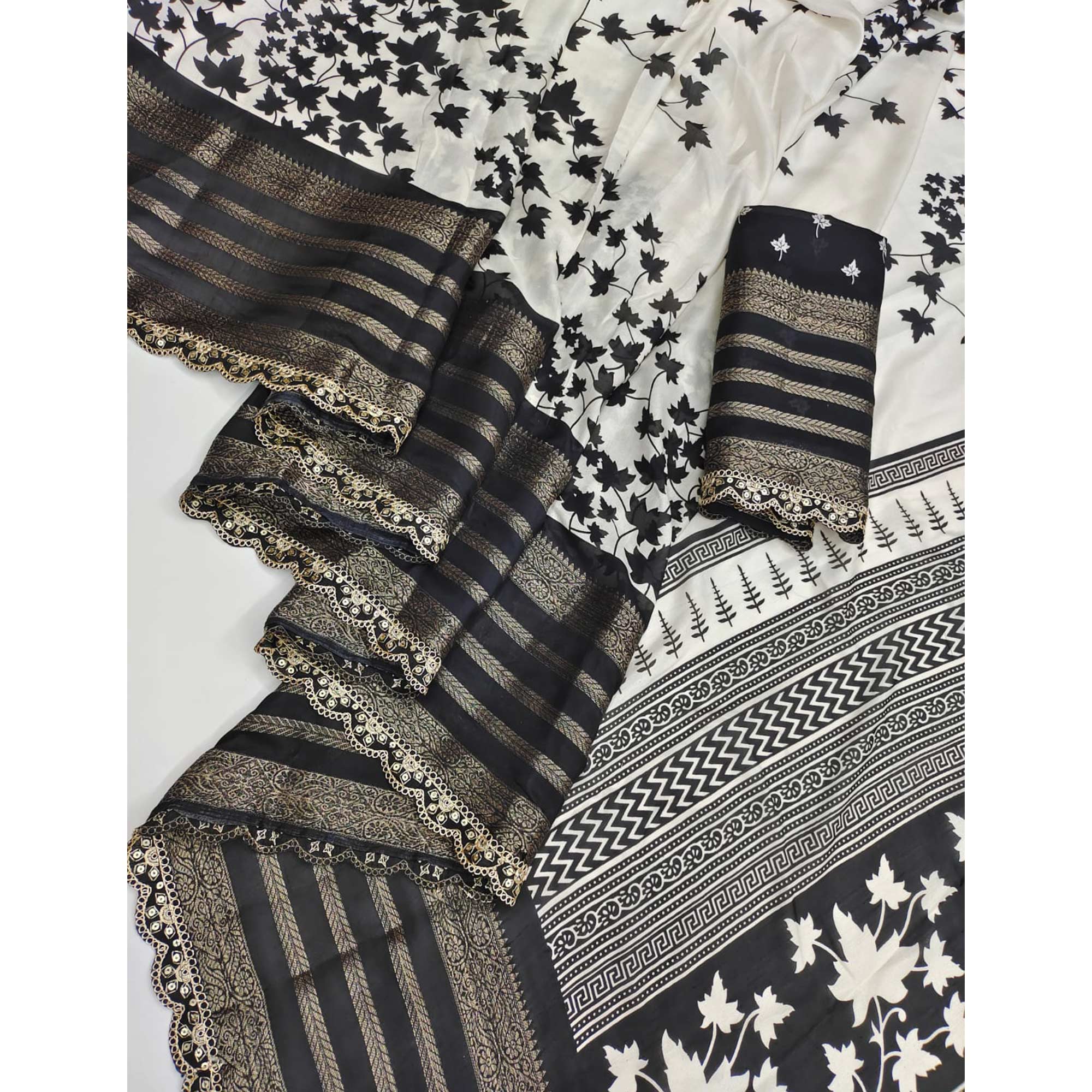 Off White & Black Floral Printed Dola Silk Saree With Zari Border - Image 3