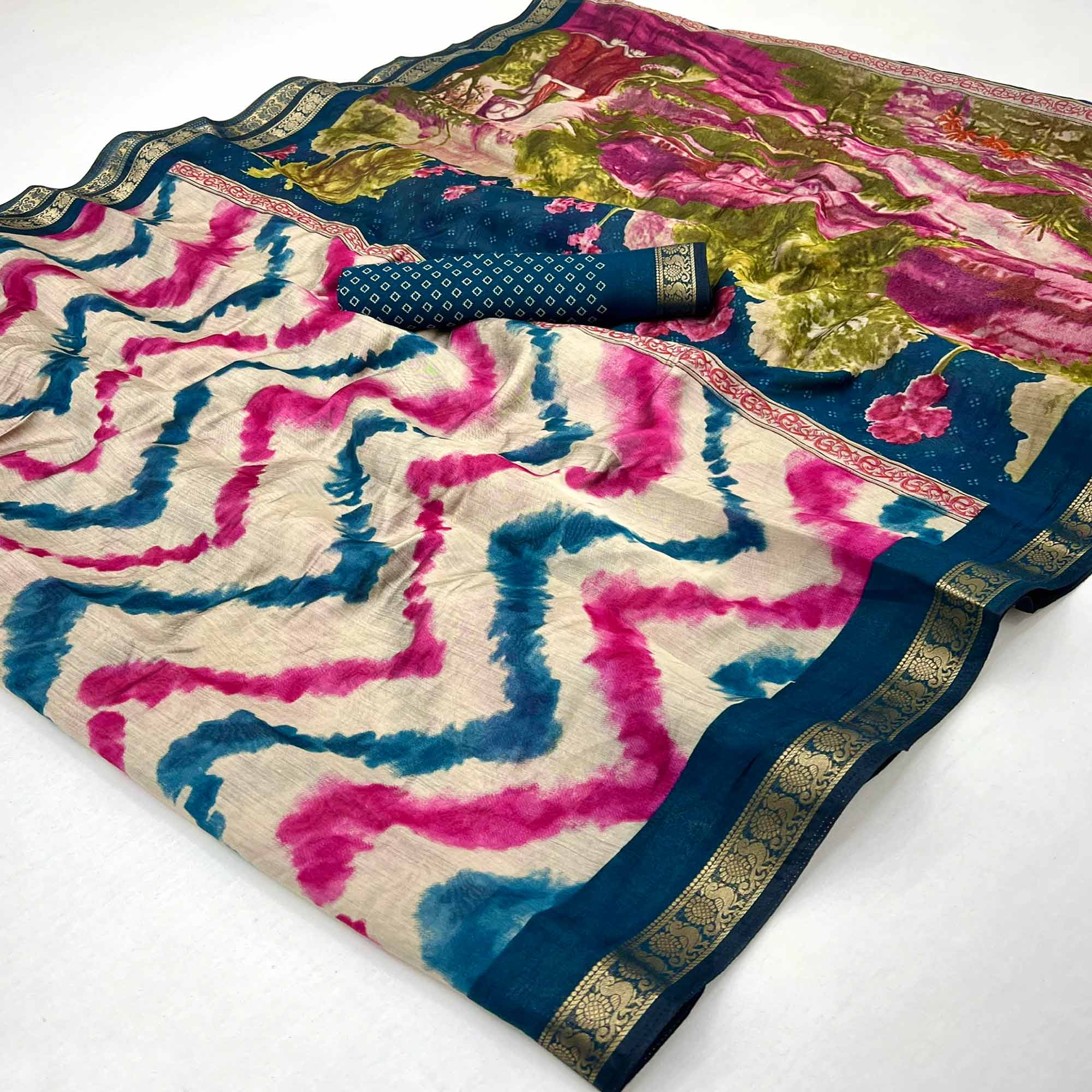 Off White & Blue Dual Shade Saree with Artistic Leheriya Prints in Cotton Silk - Image 3