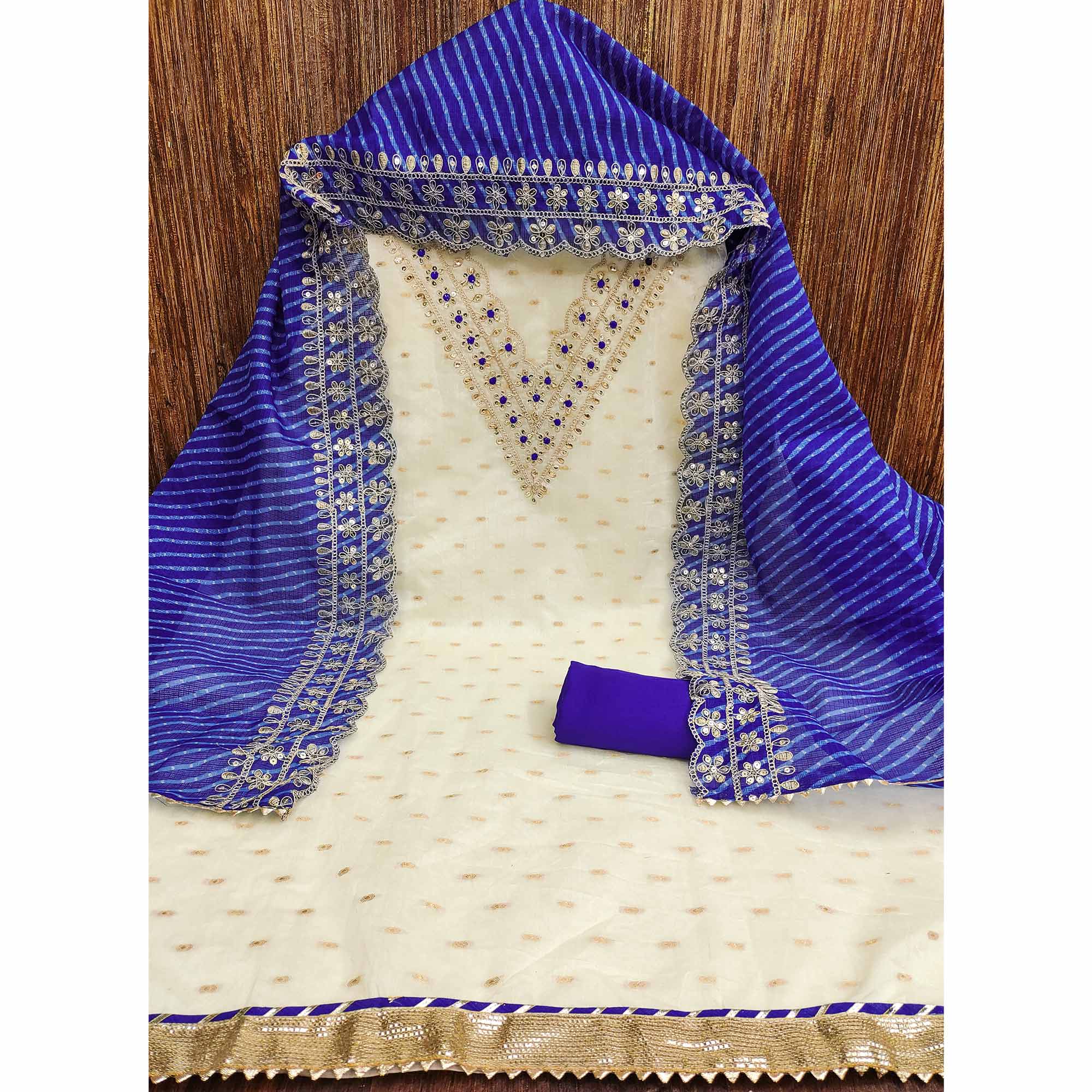 Off White & Blue Embroidered Chanderi Dress Material - Image 4